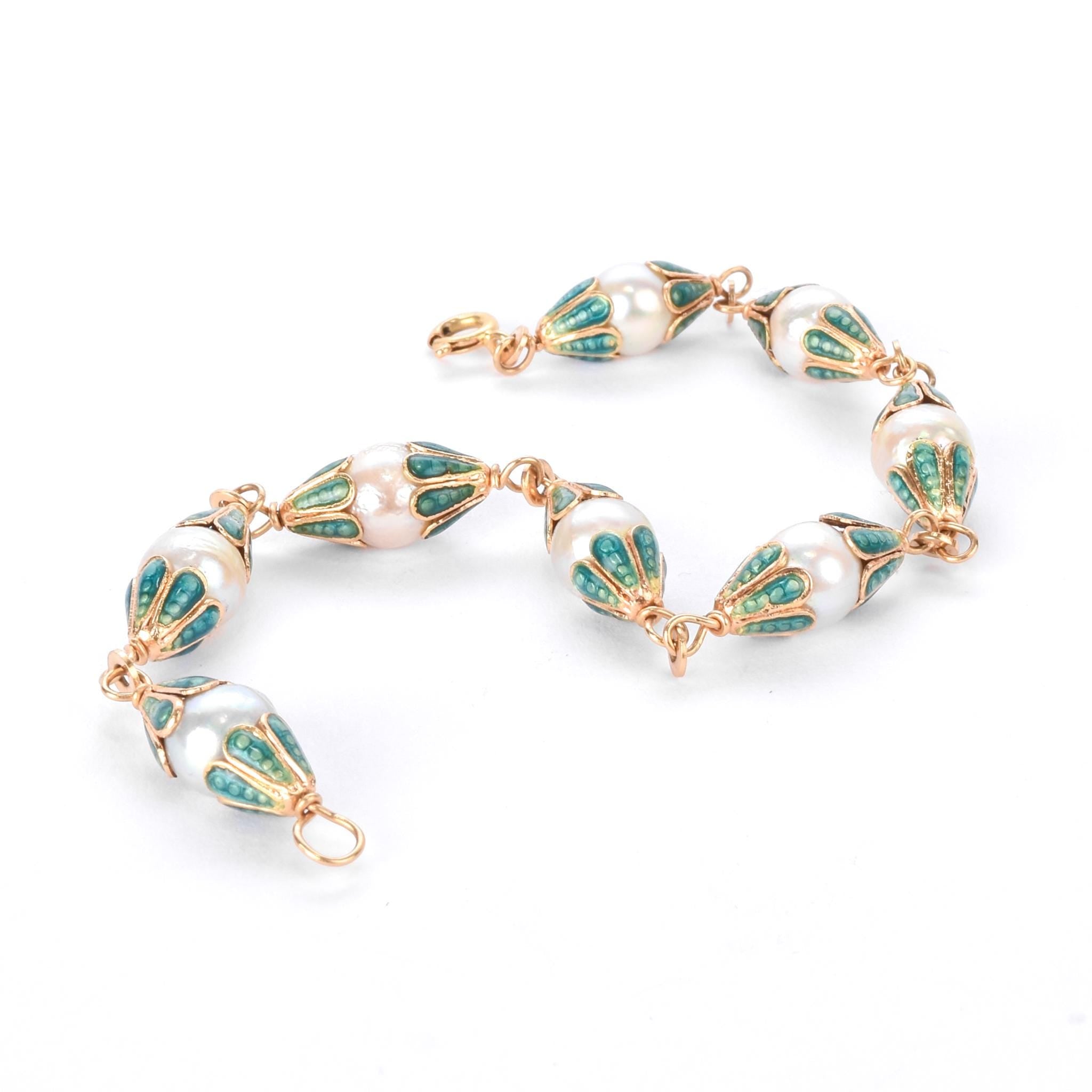 18K Gold & Green Enamel Petal Cupped Pearl Link Bracelet