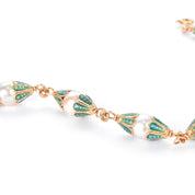 18K Gold & Green Enamel Petal Cupped Pearl Link Bracelet