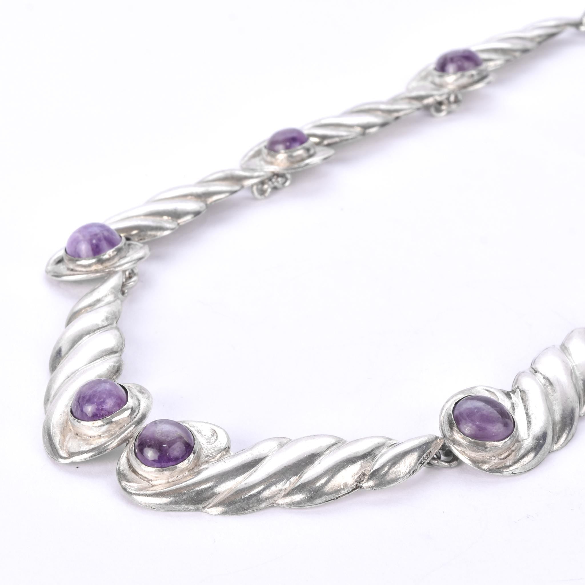 Sterling Silver and Amethyst Swirl-Link Collar Necklace
