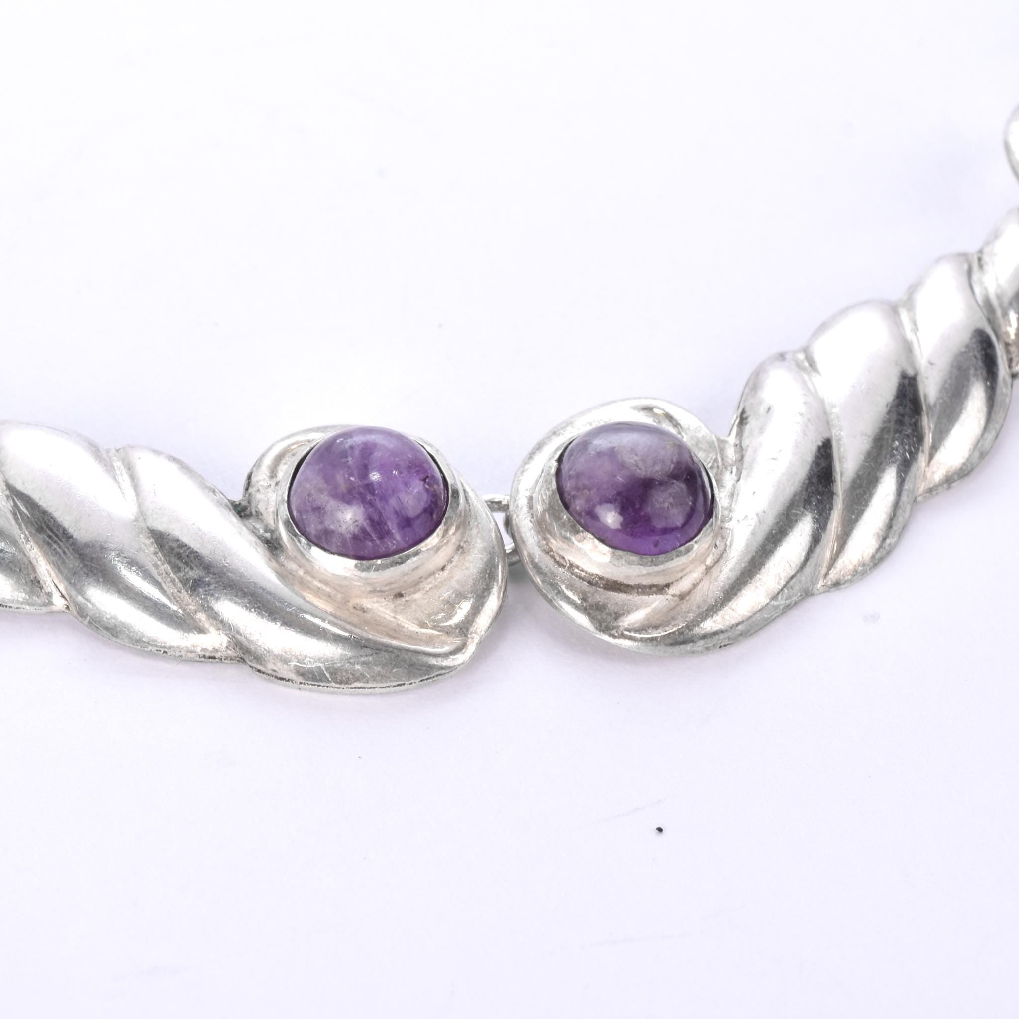 Sterling Silver and Amethyst Swirl-Link Collar Necklace