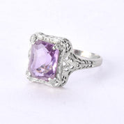 Art Deco 14K White Gold Filigree Amethyst Ring