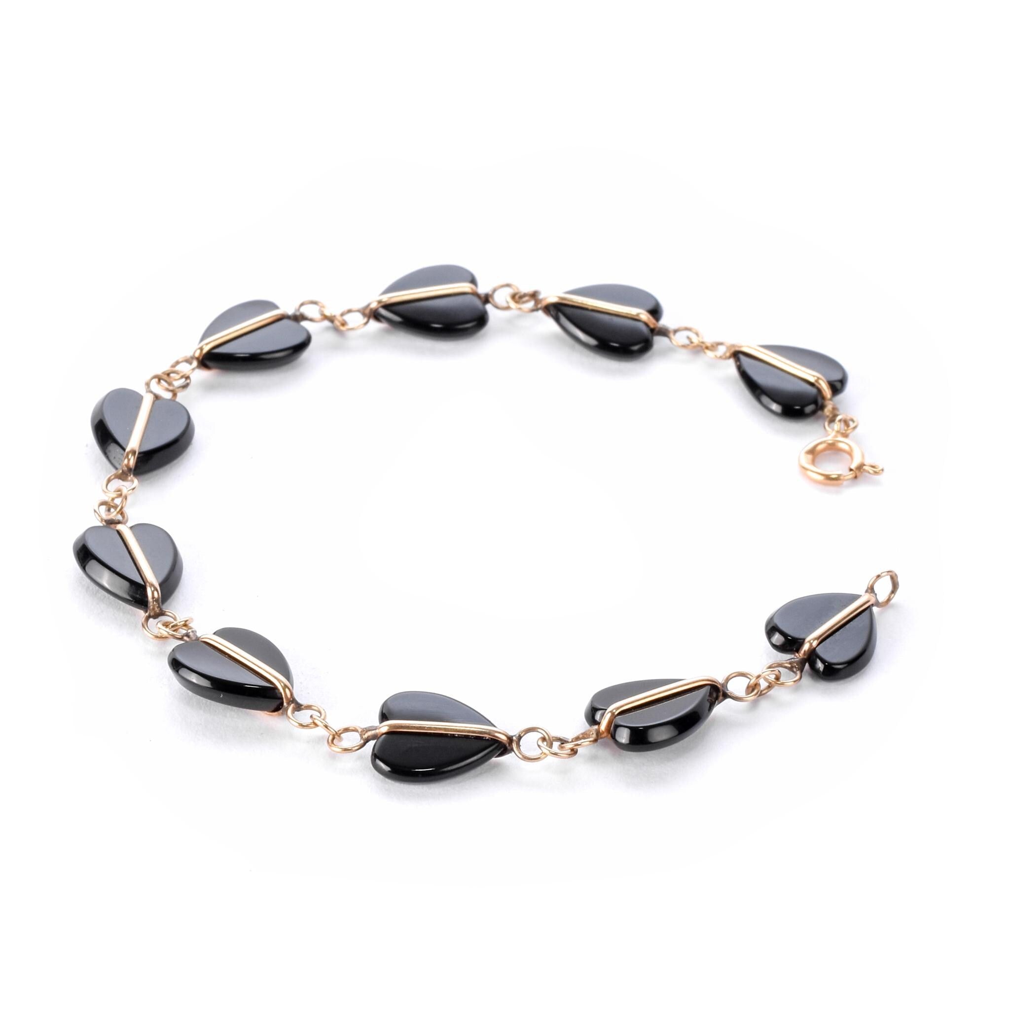 14K Gold and Heart-Shaped Onyx Link Bracelet