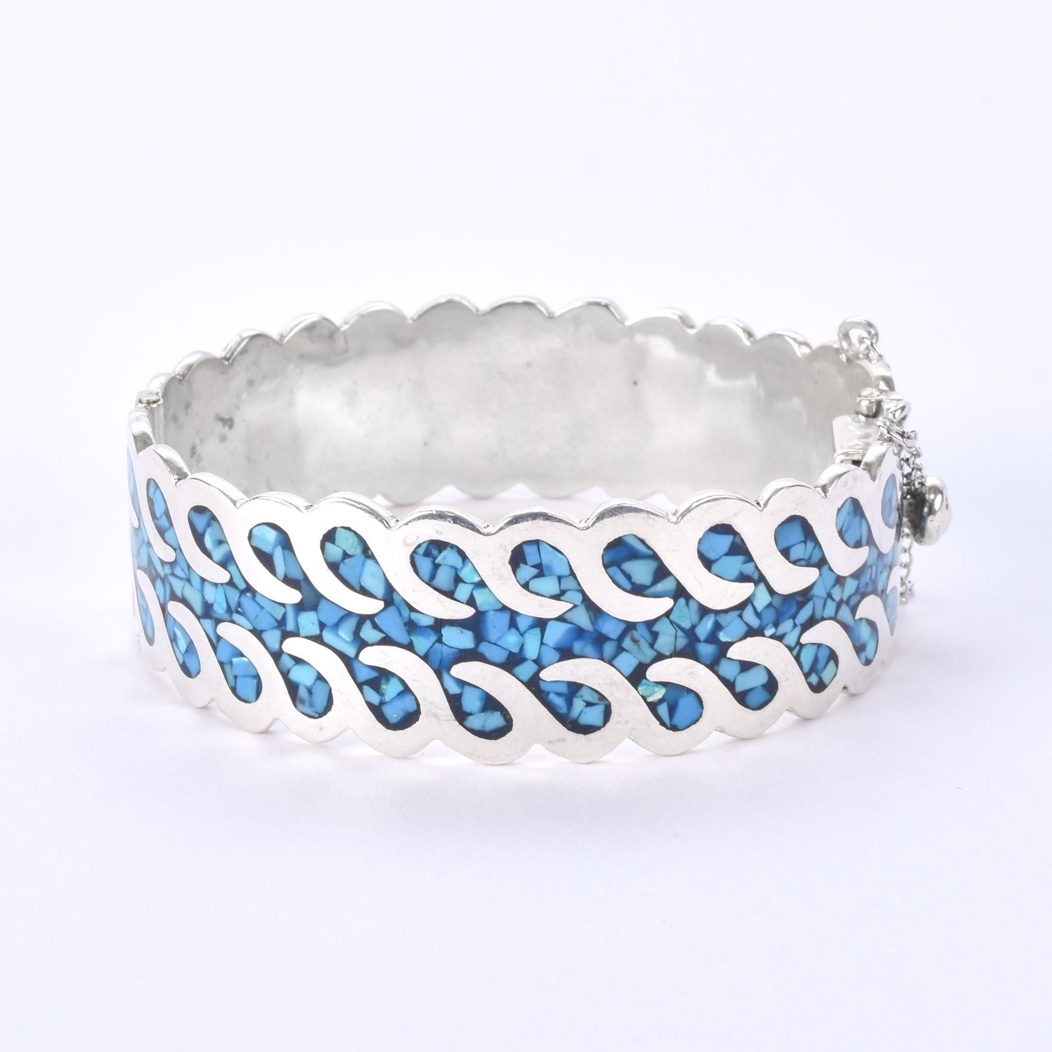 Taxco Sterling Silver And Turquoise Chip-Inlayed Wavy Hinged Bangle Bracelet