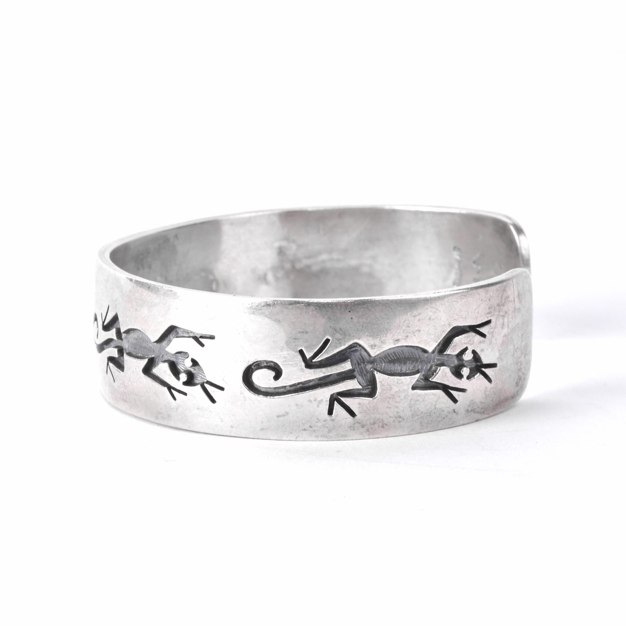 Hopi Signed Sterling Silver Lizard Inlay Cuff Bracelet