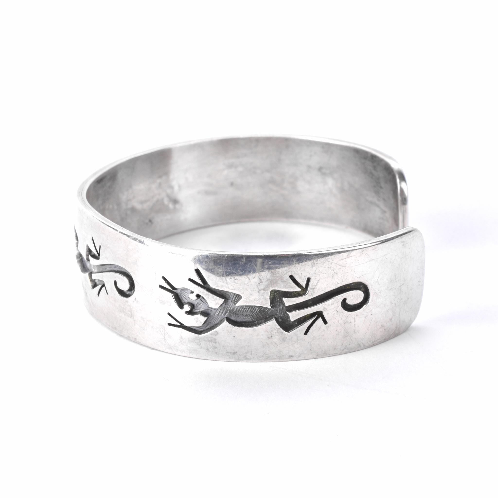 Hopi Signed Sterling Silver Lizard Inlay Cuff Bracelet
