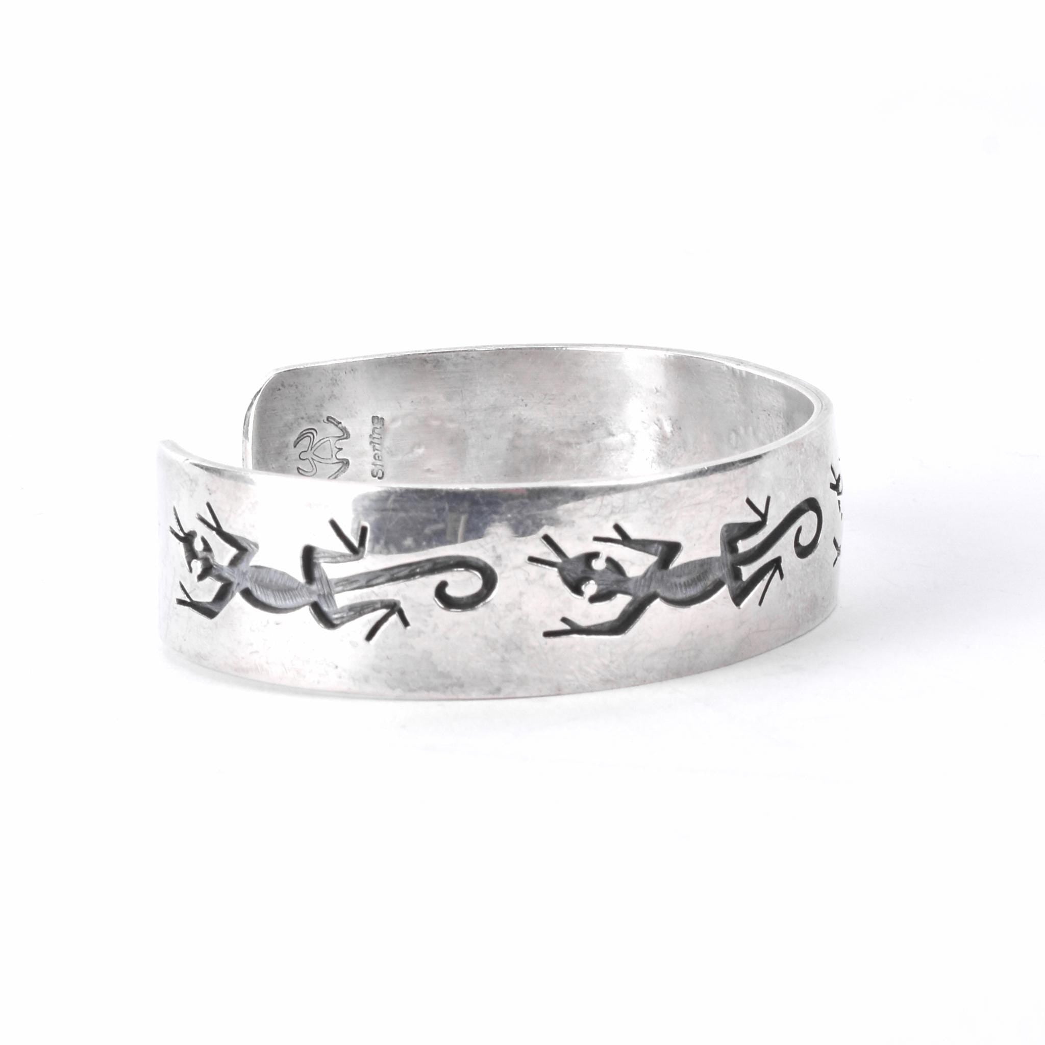 Hopi Signed Sterling Silver Lizard Inlay Cuff Bracelet