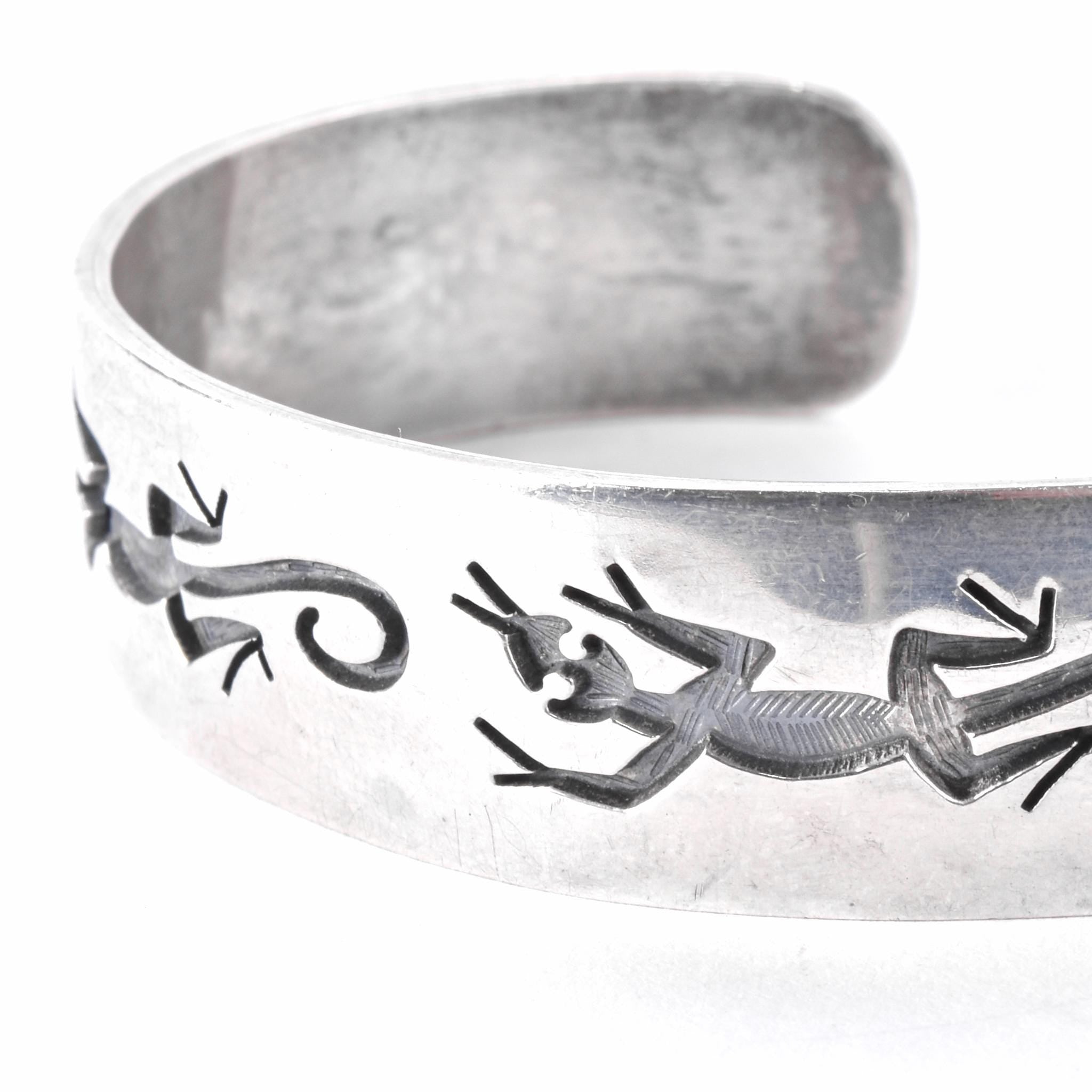 Hopi Signed Sterling Silver Lizard Inlay Cuff Bracelet