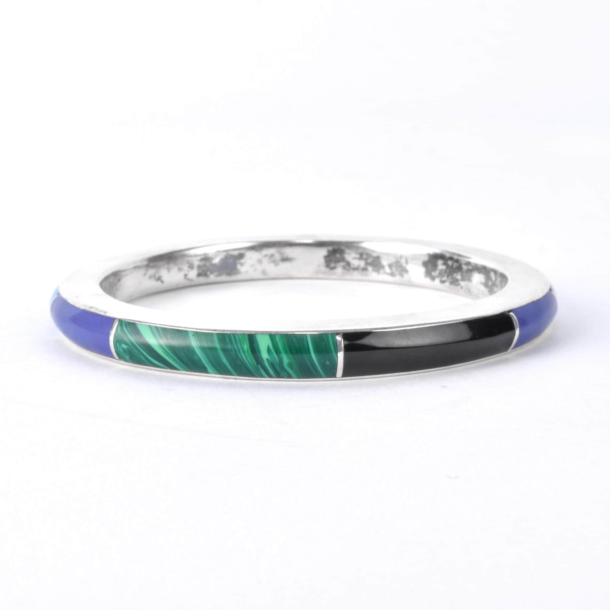 Taxco Sterling Silver Multi-Gemstone Inlay Bangle Bracelet