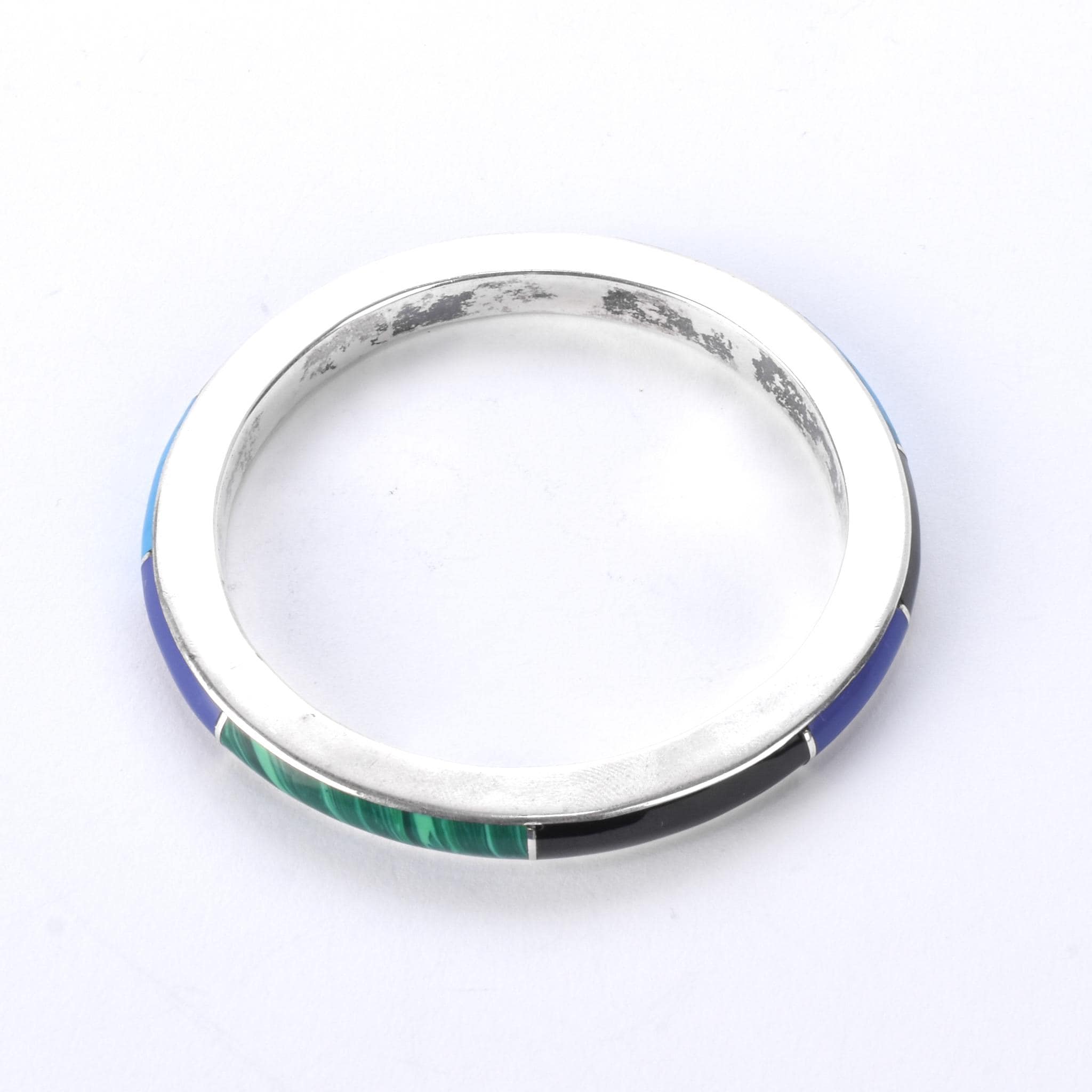 Taxco Sterling Silver Multi-Gemstone Inlay Bangle Bracelet