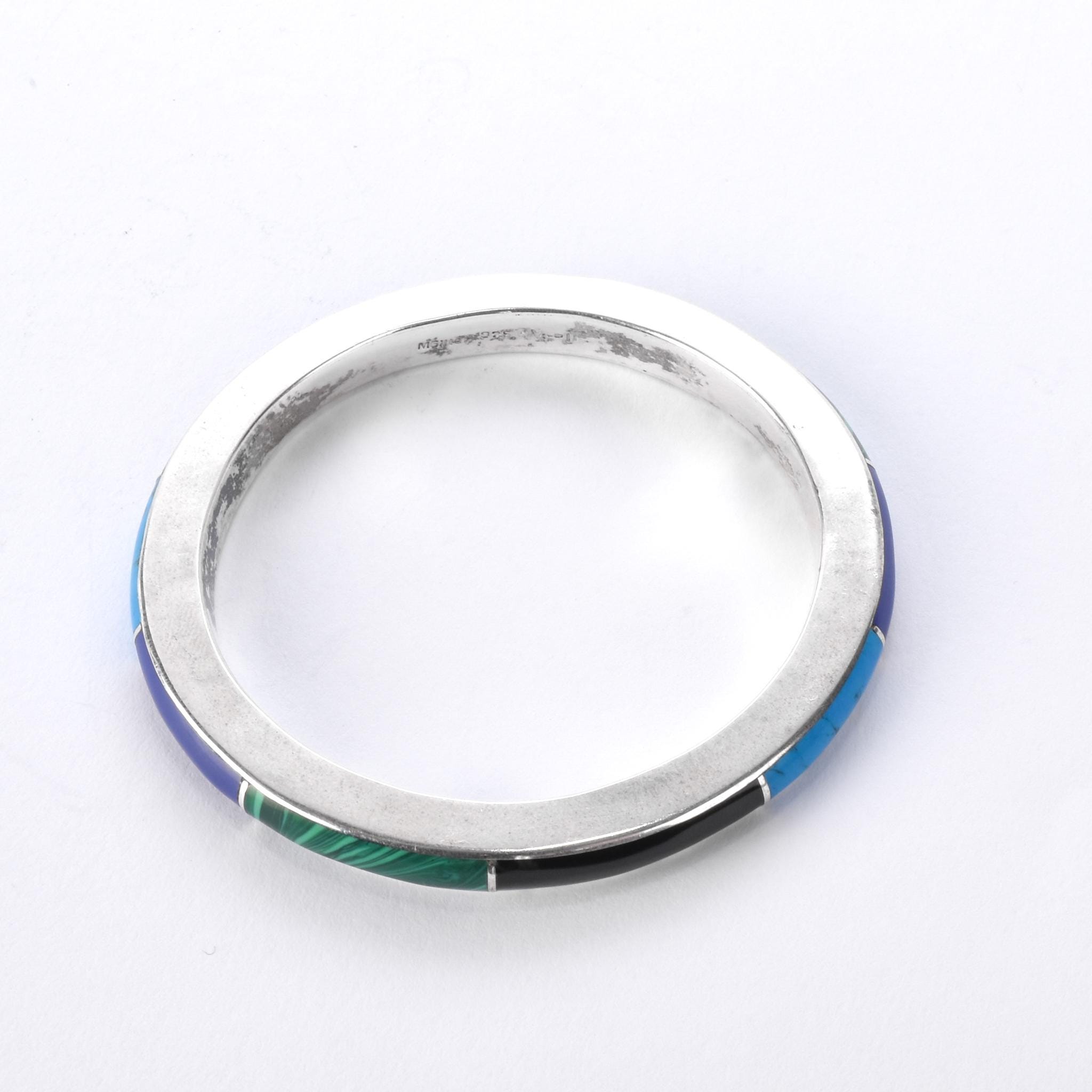Taxco Sterling Silver Multi-Gemstone Inlay Bangle Bracelet