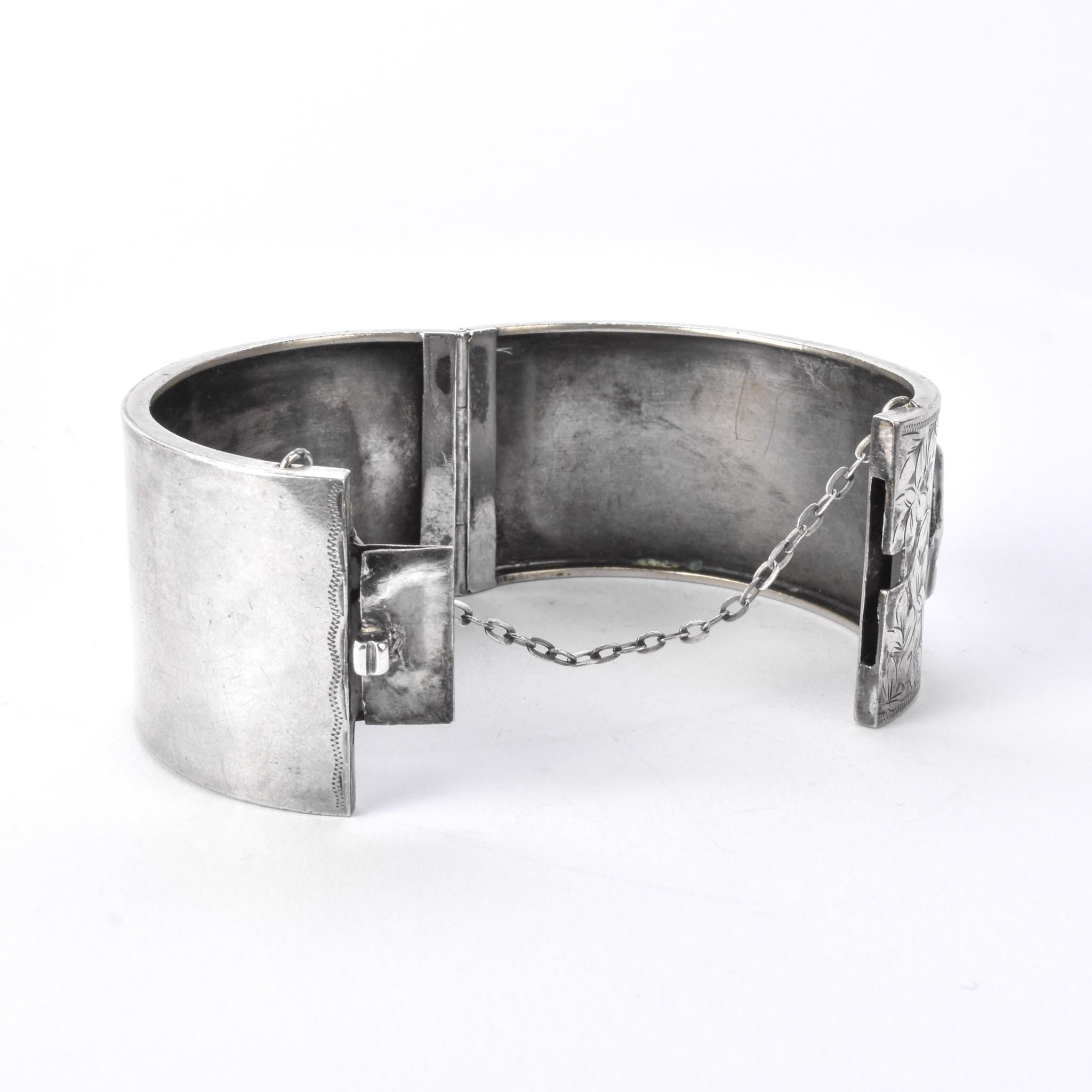 Antique English Silver Etched Hinged Belt-Buckle Bracelet