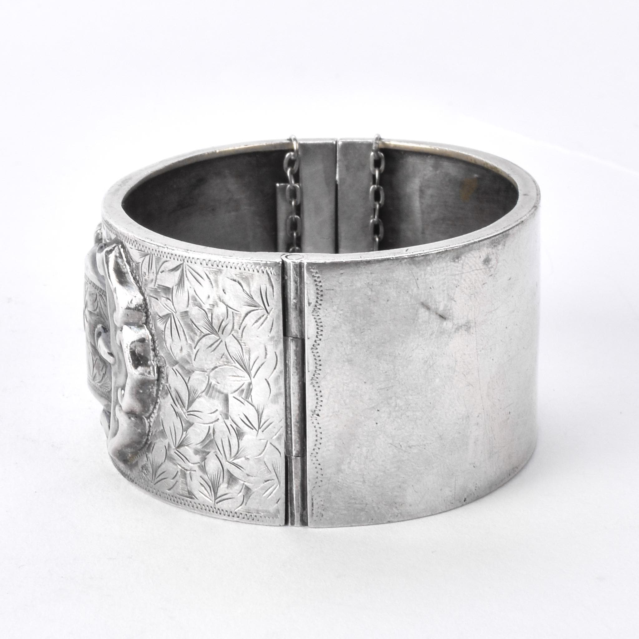 Antique English Silver Etched Hinged Belt-Buckle Bracelet