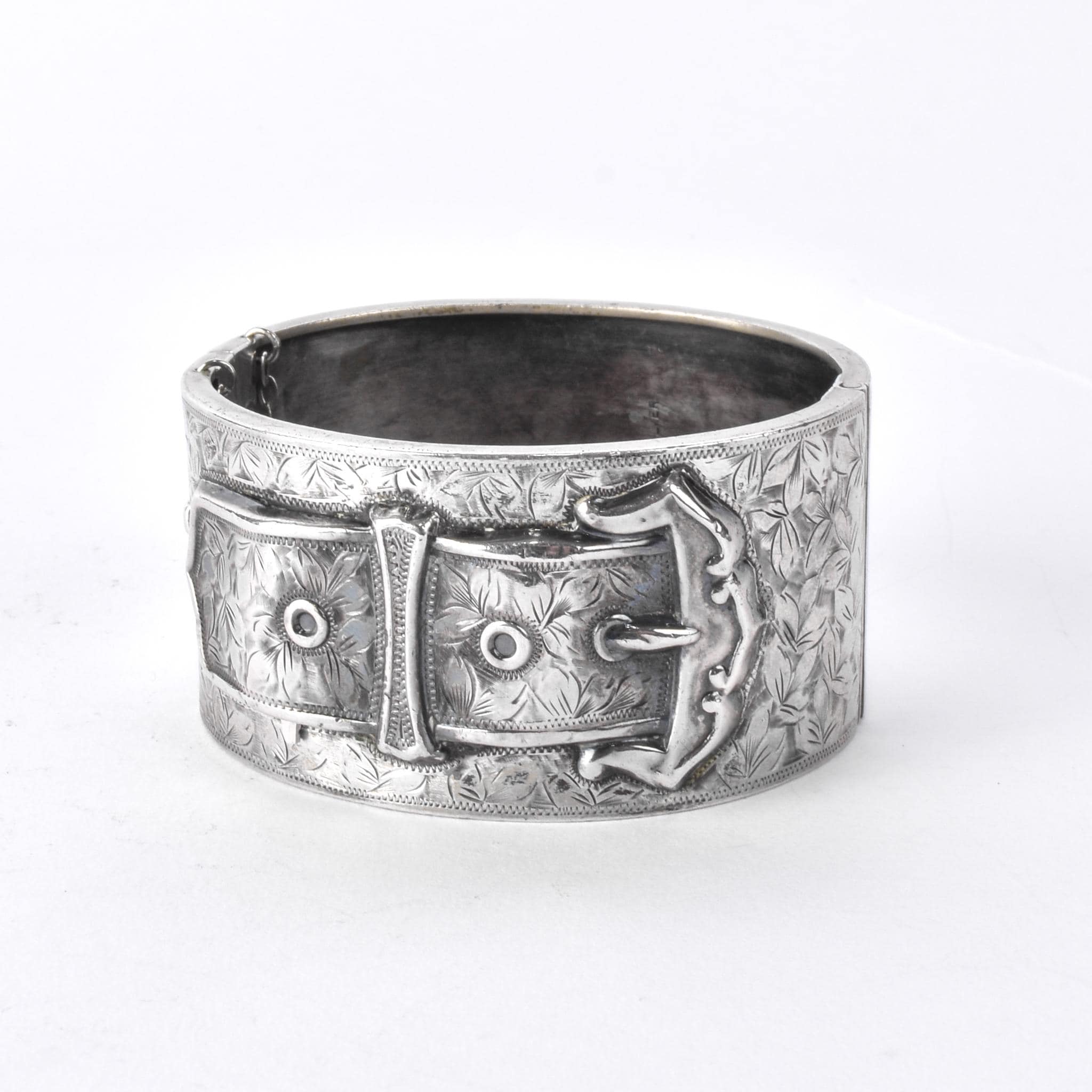 Antique English Silver Etched Hinged Belt-Buckle Bracelet