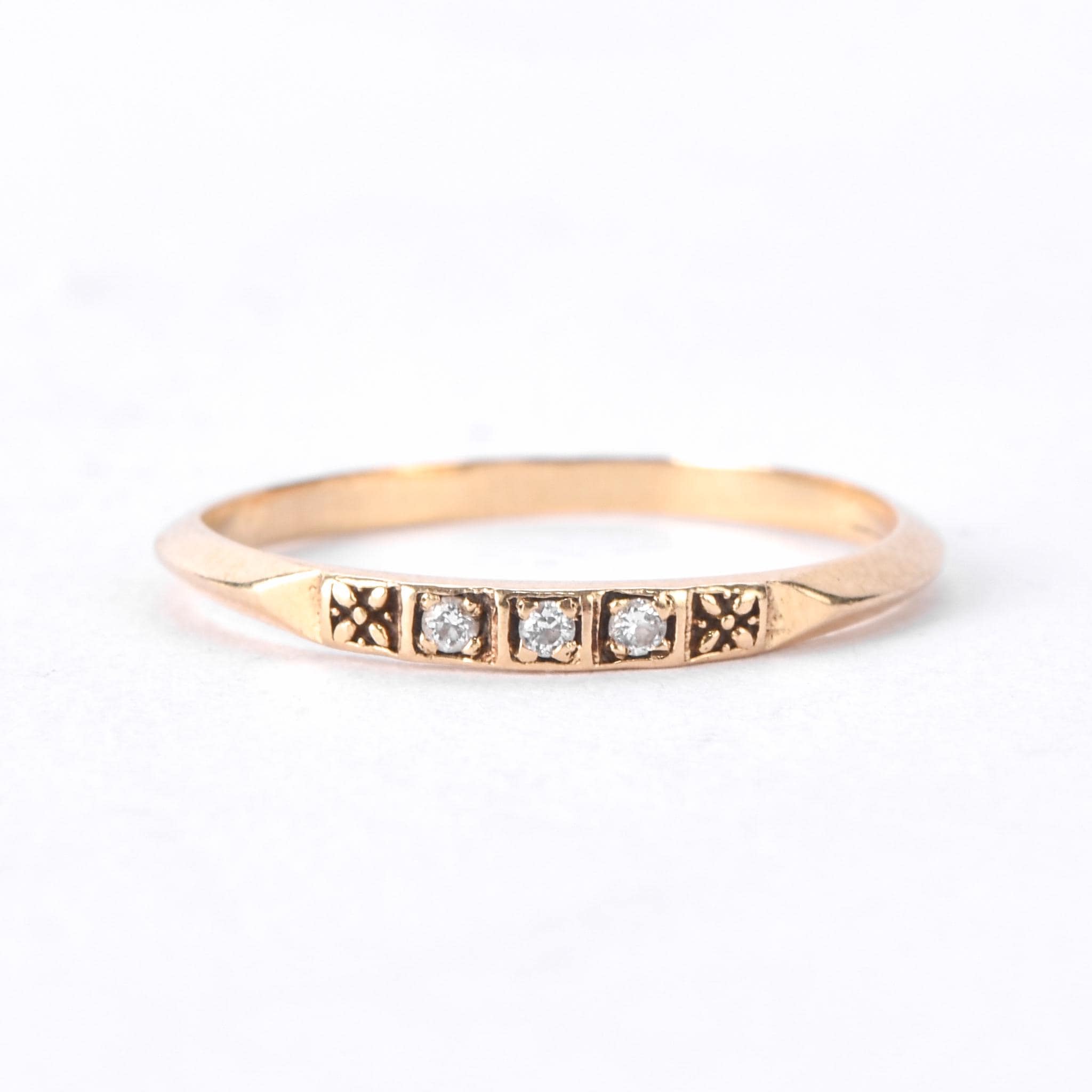 14K Gold Three Diamond Stacking Band with Carved Flowers
