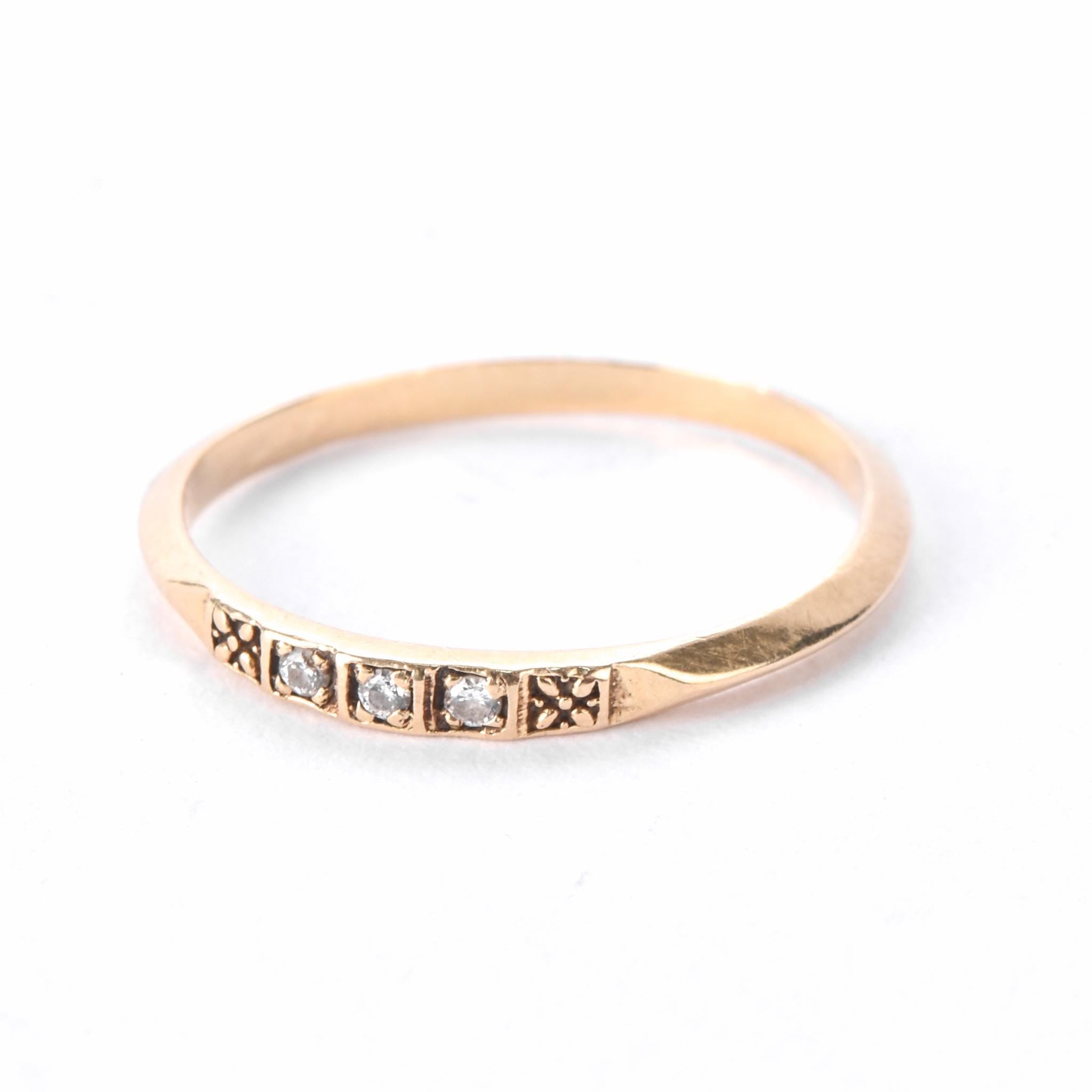 14K Gold Three Diamond Stacking Band with Carved Flowers