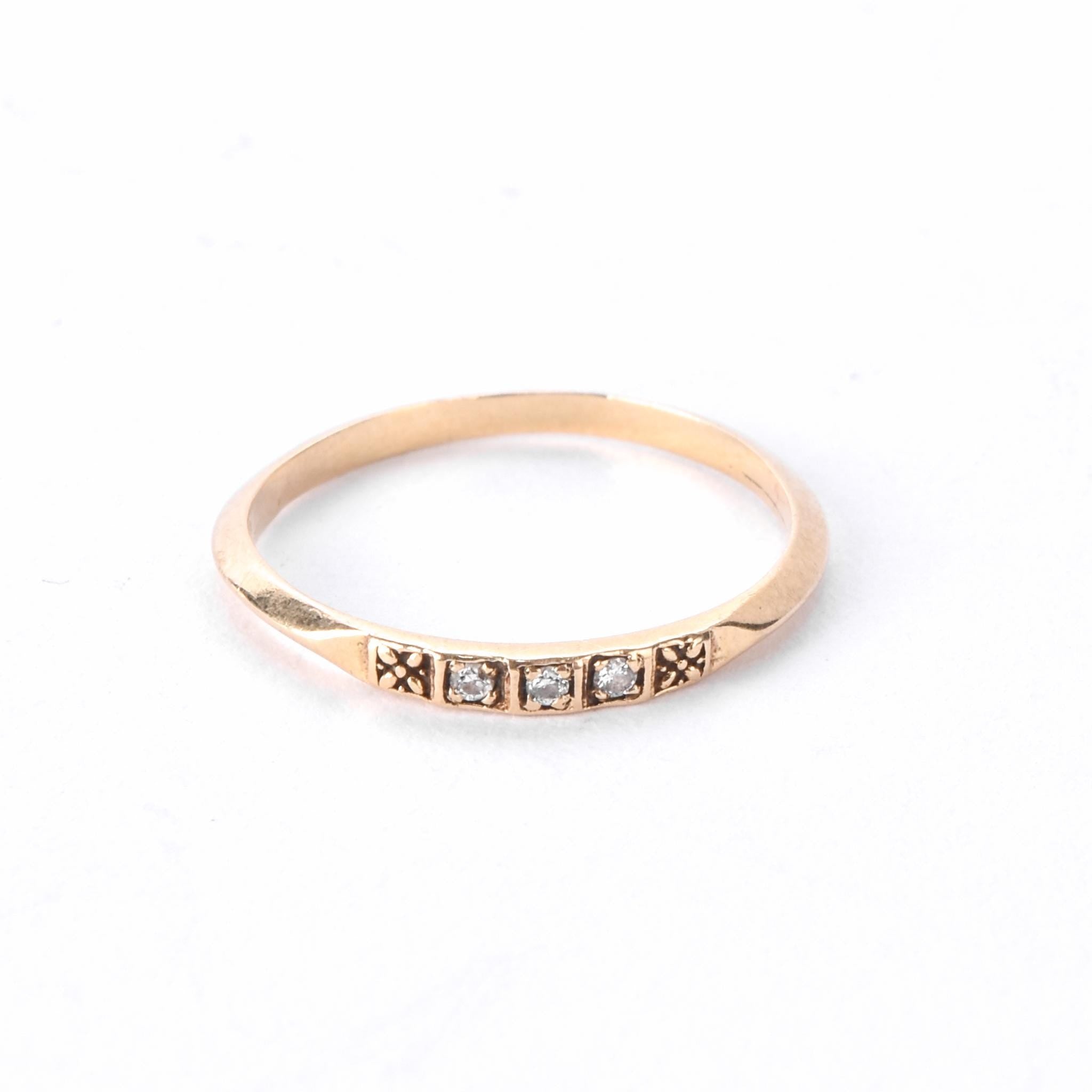 14K Gold Three Diamond Stacking Band with Carved Flowers