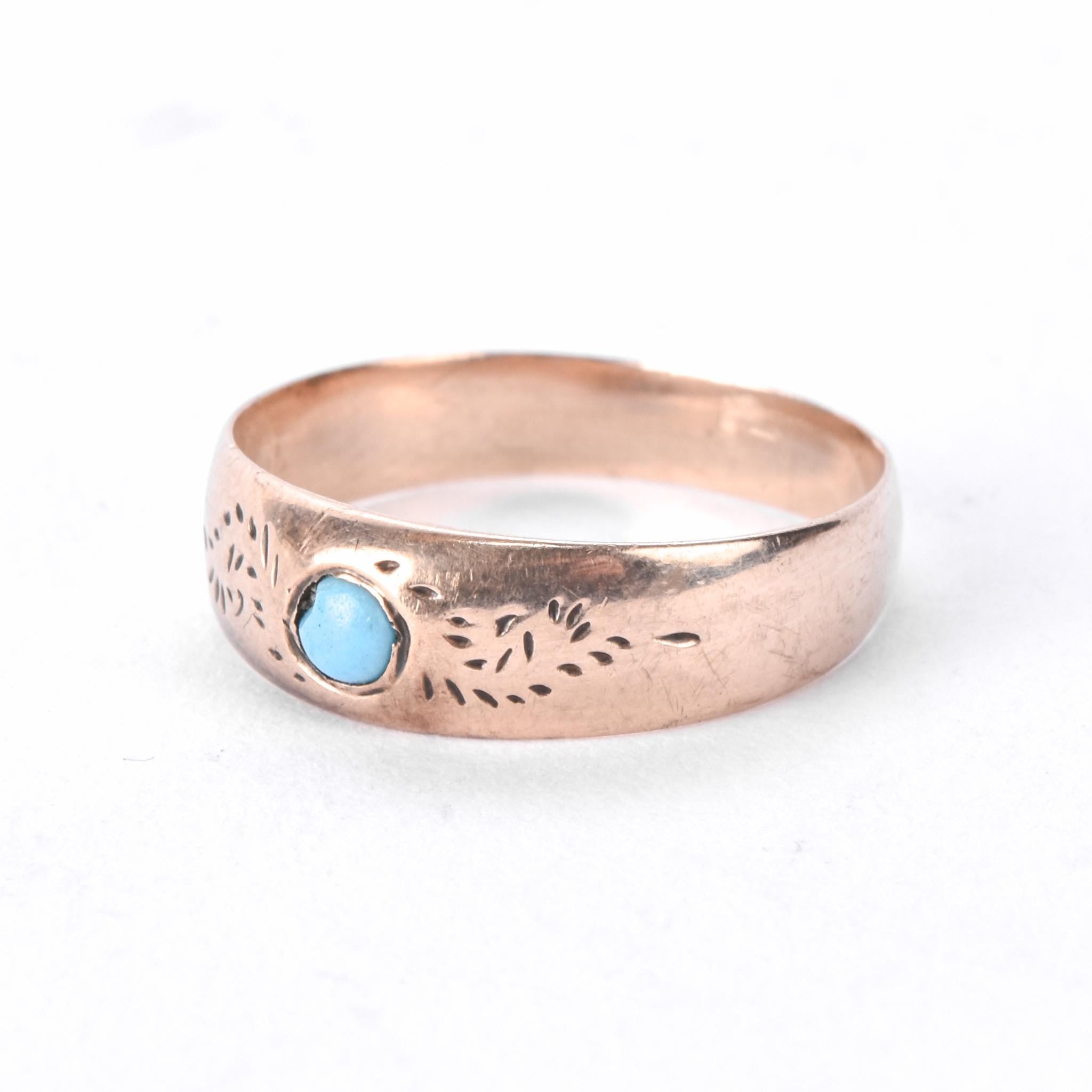 9K Rose Gold Carved Band with Solitaire Turquoise