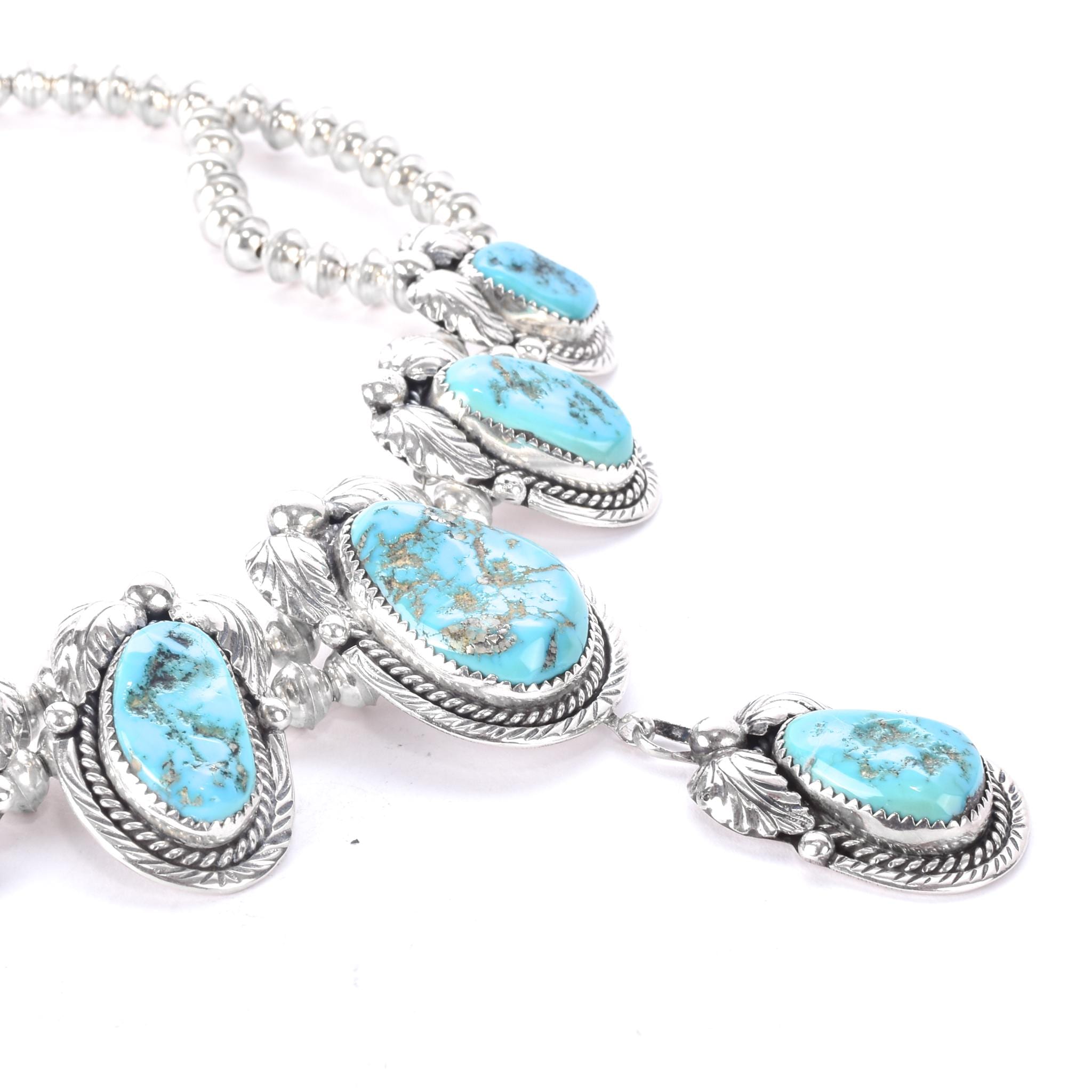 Navajo Sterling Silver and Turquoise Squash-Blossom Style Collar Necklace