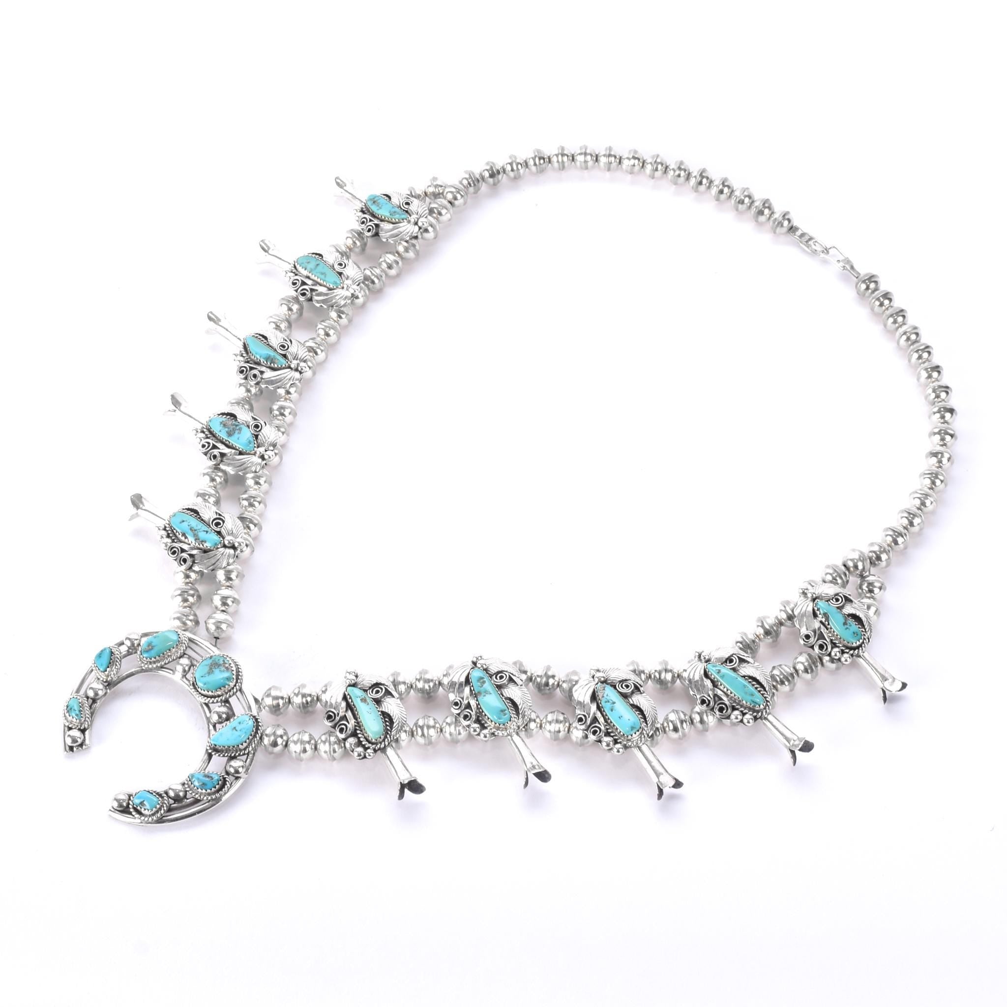 Hand-Signed Sterling Silver & Turquoise Horseshoe Squash Blossom