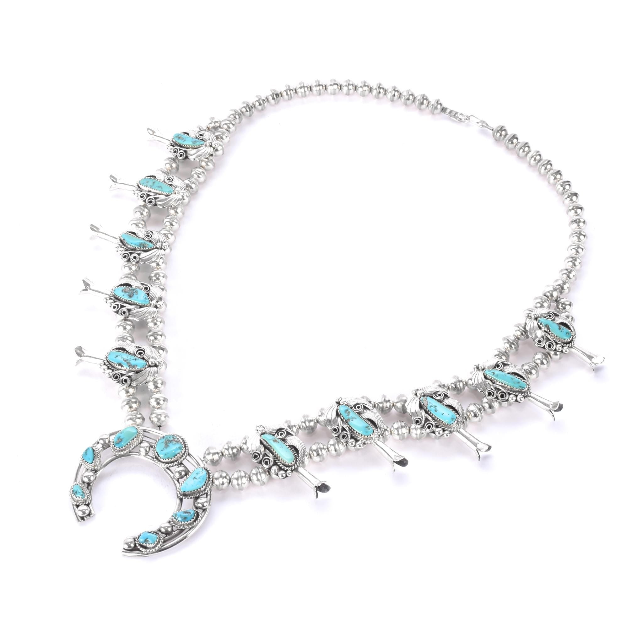 Hand-Signed Sterling Silver & Turquoise Horseshoe Squash Blossom