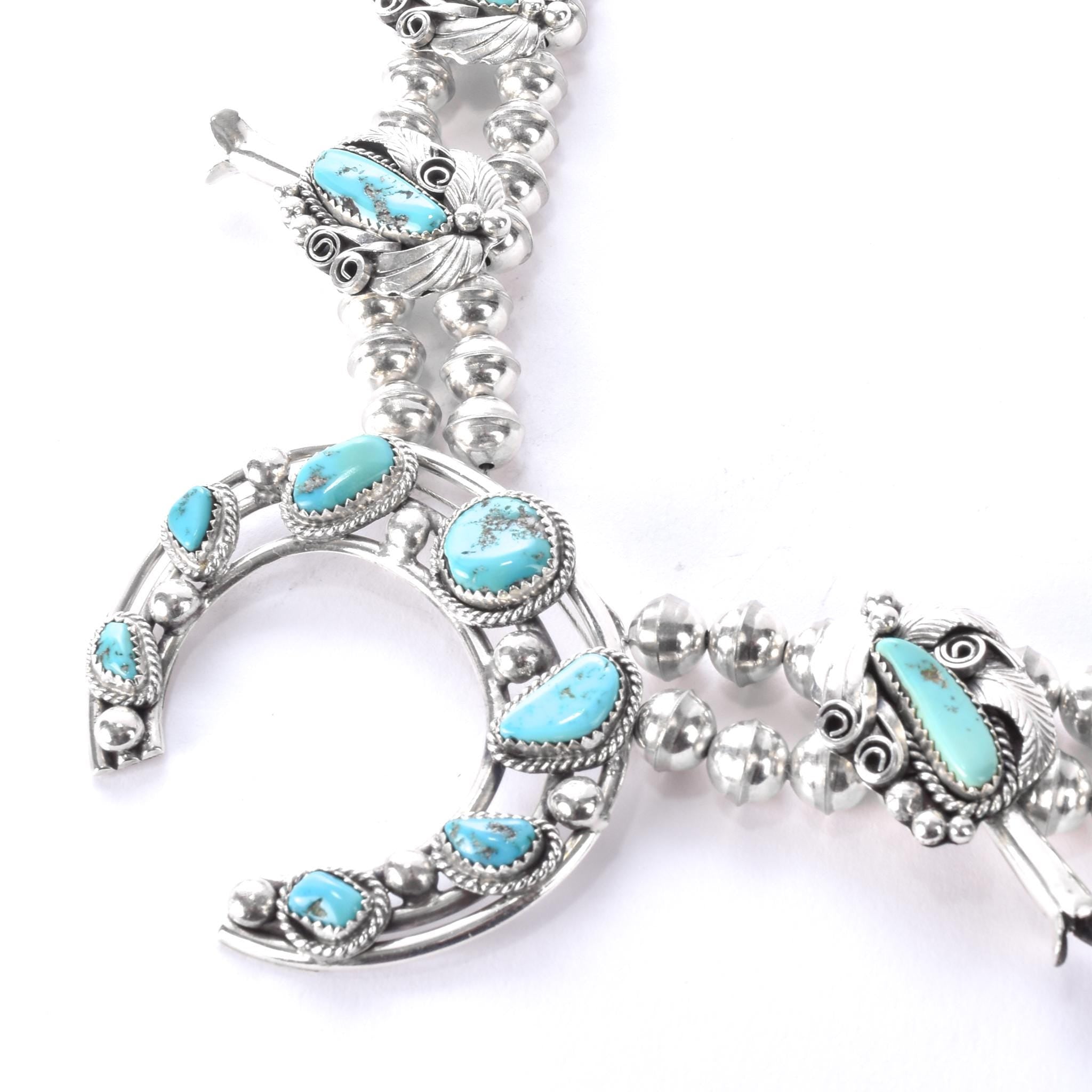 Hand-Signed Sterling Silver & Turquoise Horseshoe Squash Blossom