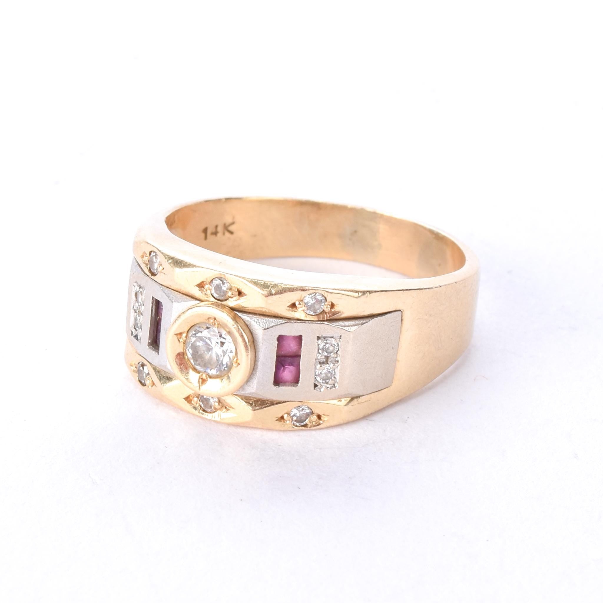 14K Two-Tone Gold Men's Statement Ring with Ruby and Cubic Zirconia