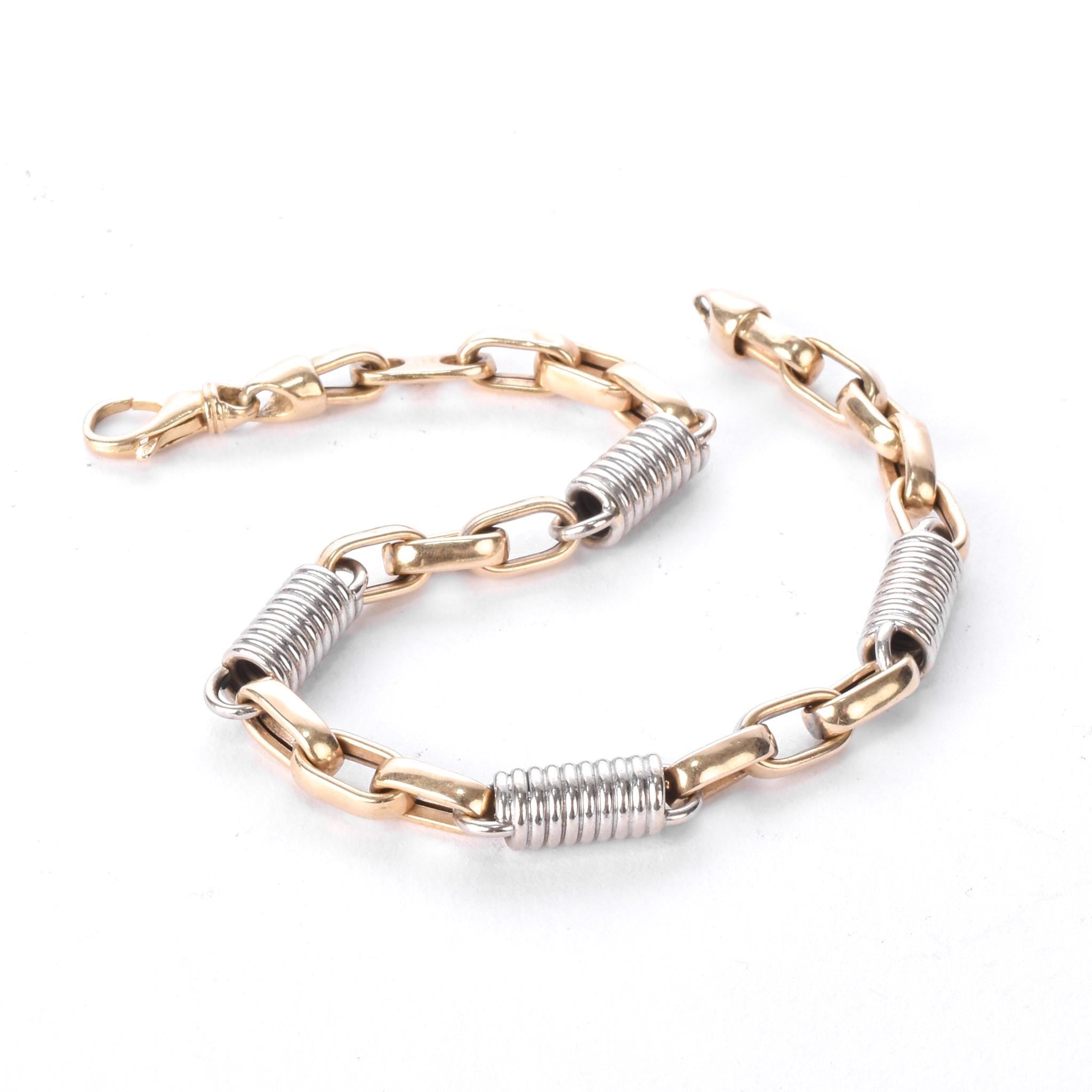10K Two-Tone Gold Paperclip and Barrel Spring Link Bracelet