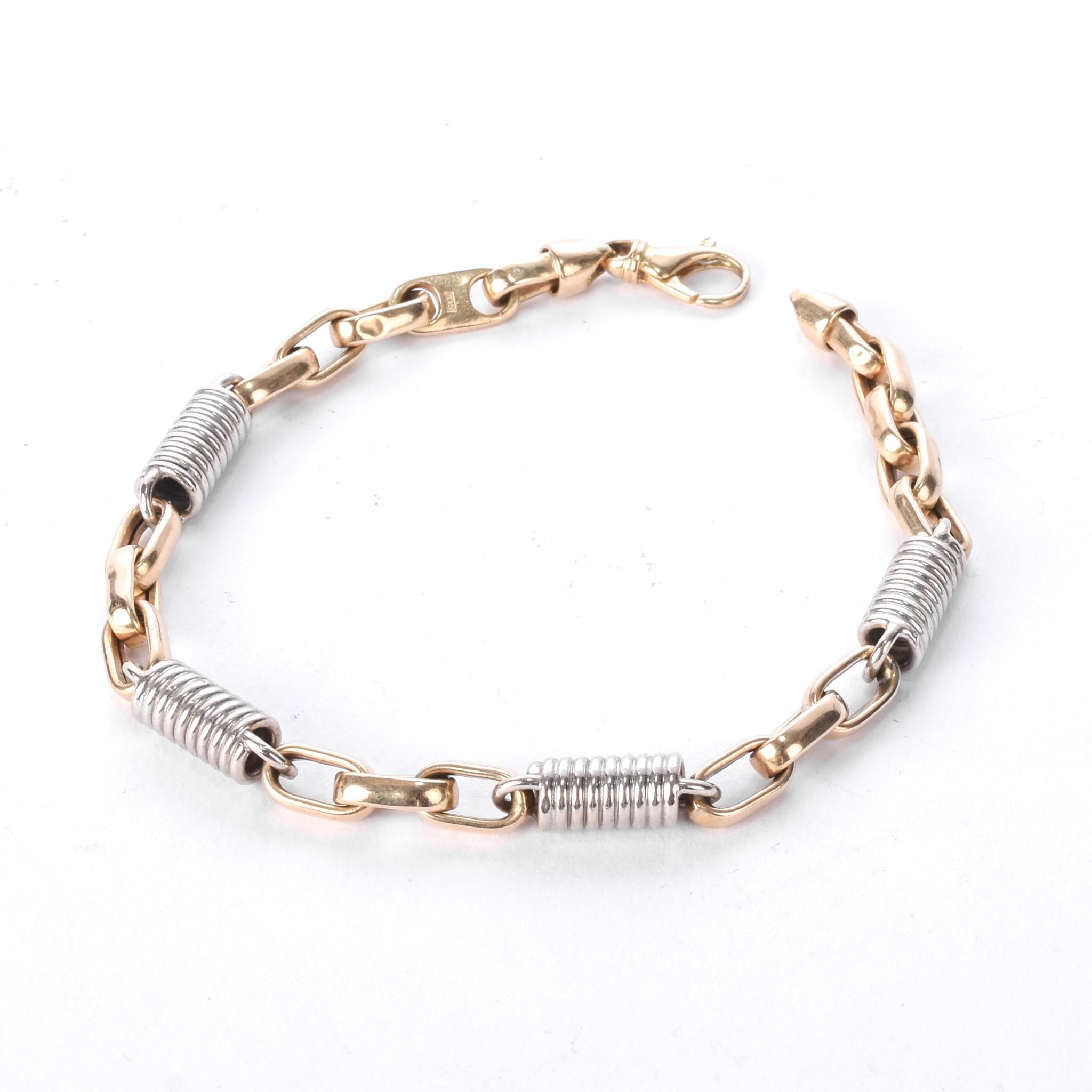 10K Two-Tone Gold Paperclip and Barrel Spring Link Bracelet