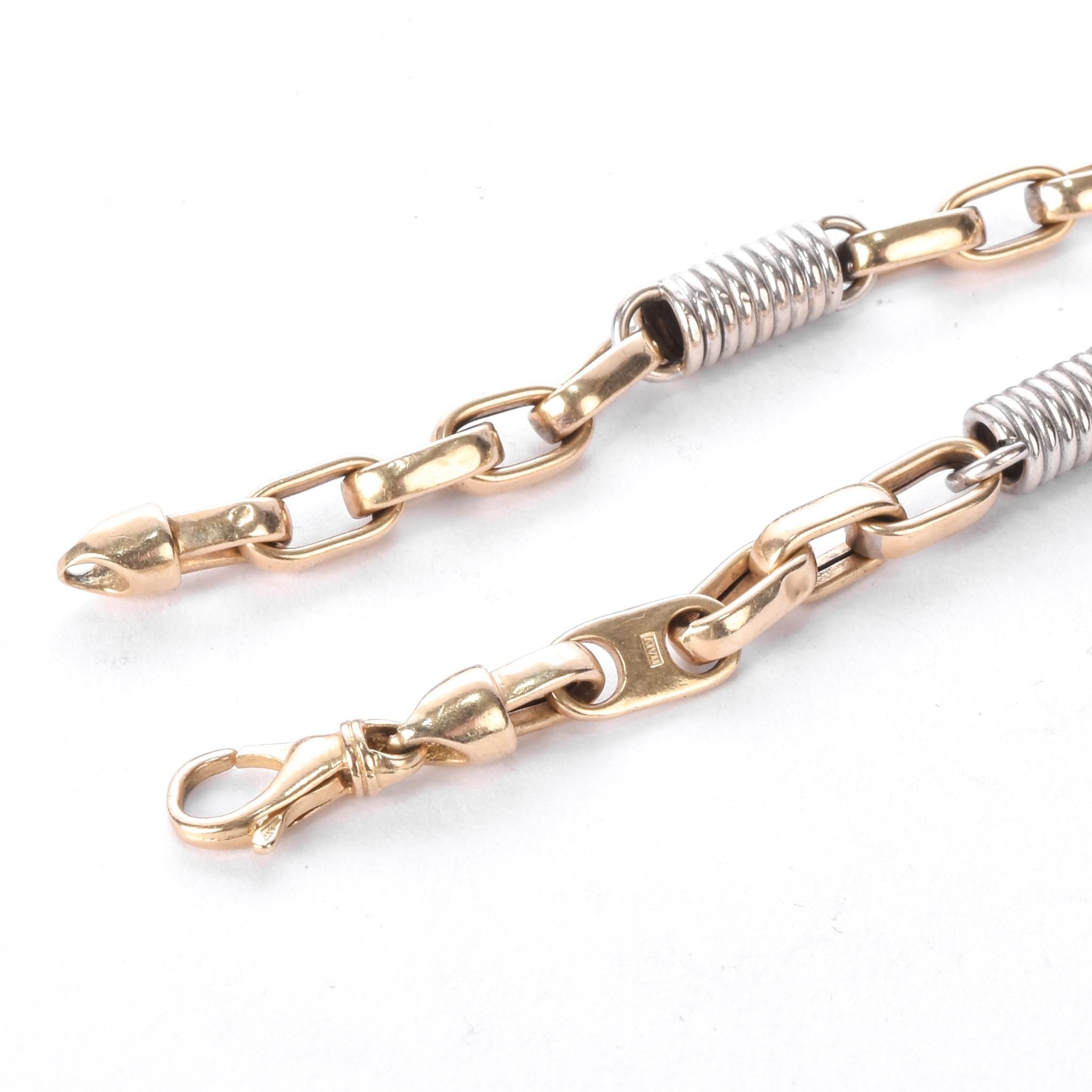 10K Two-Tone Gold Paperclip and Barrel Spring Link Bracelet
