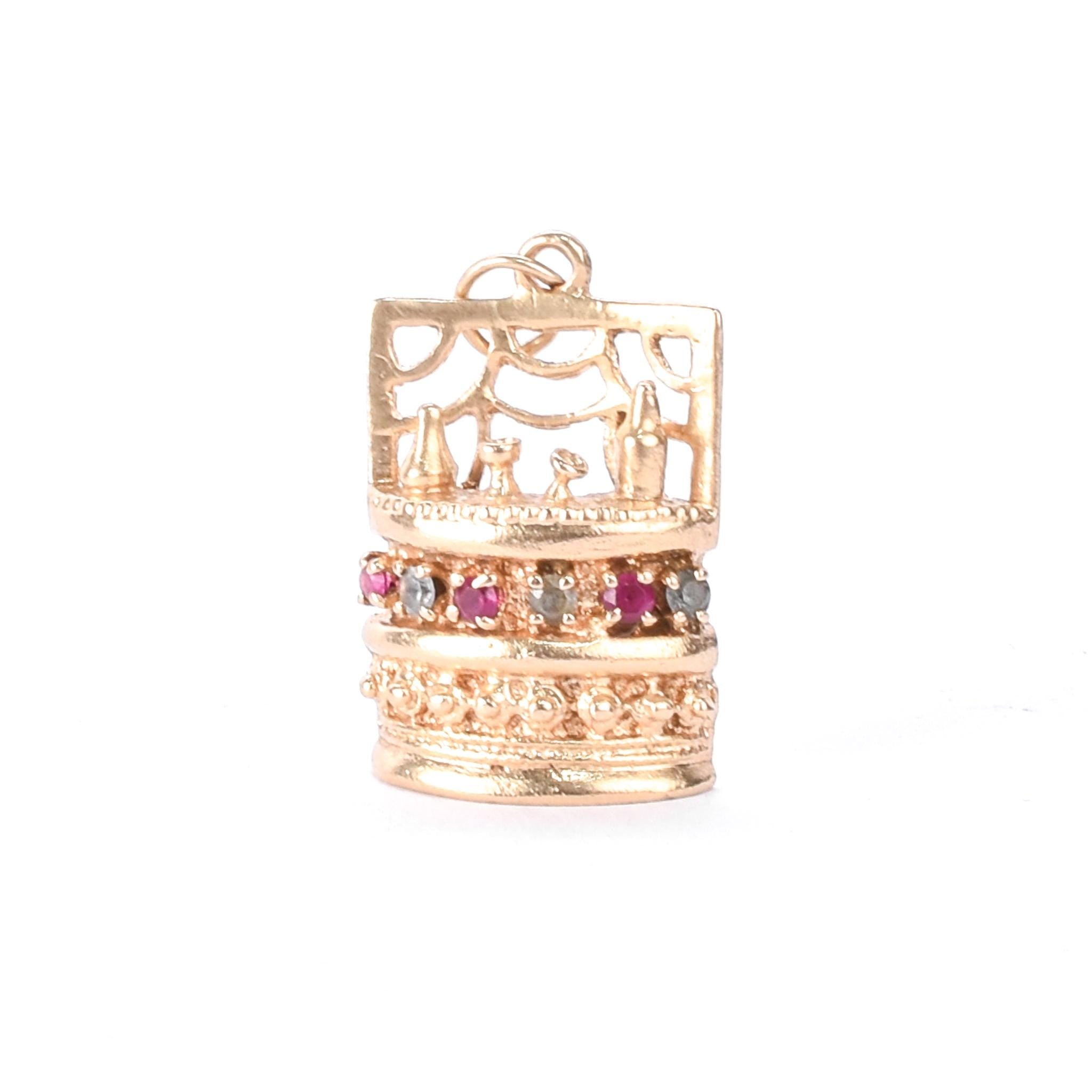 14K Gold Liquor Bar Pendant with Rubies & Aquamarine