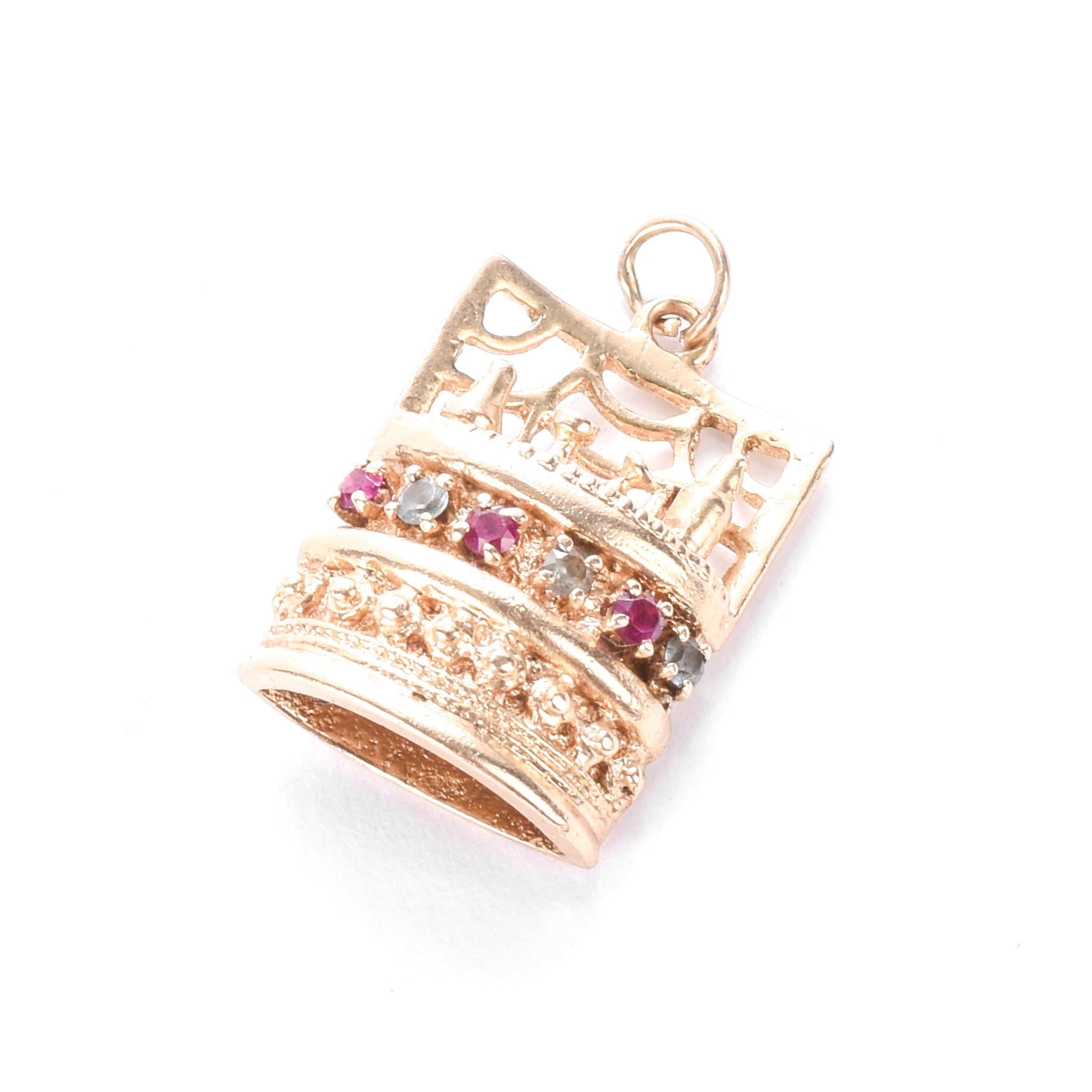 14K Gold Liquor Bar Pendant with Rubies & Aquamarine