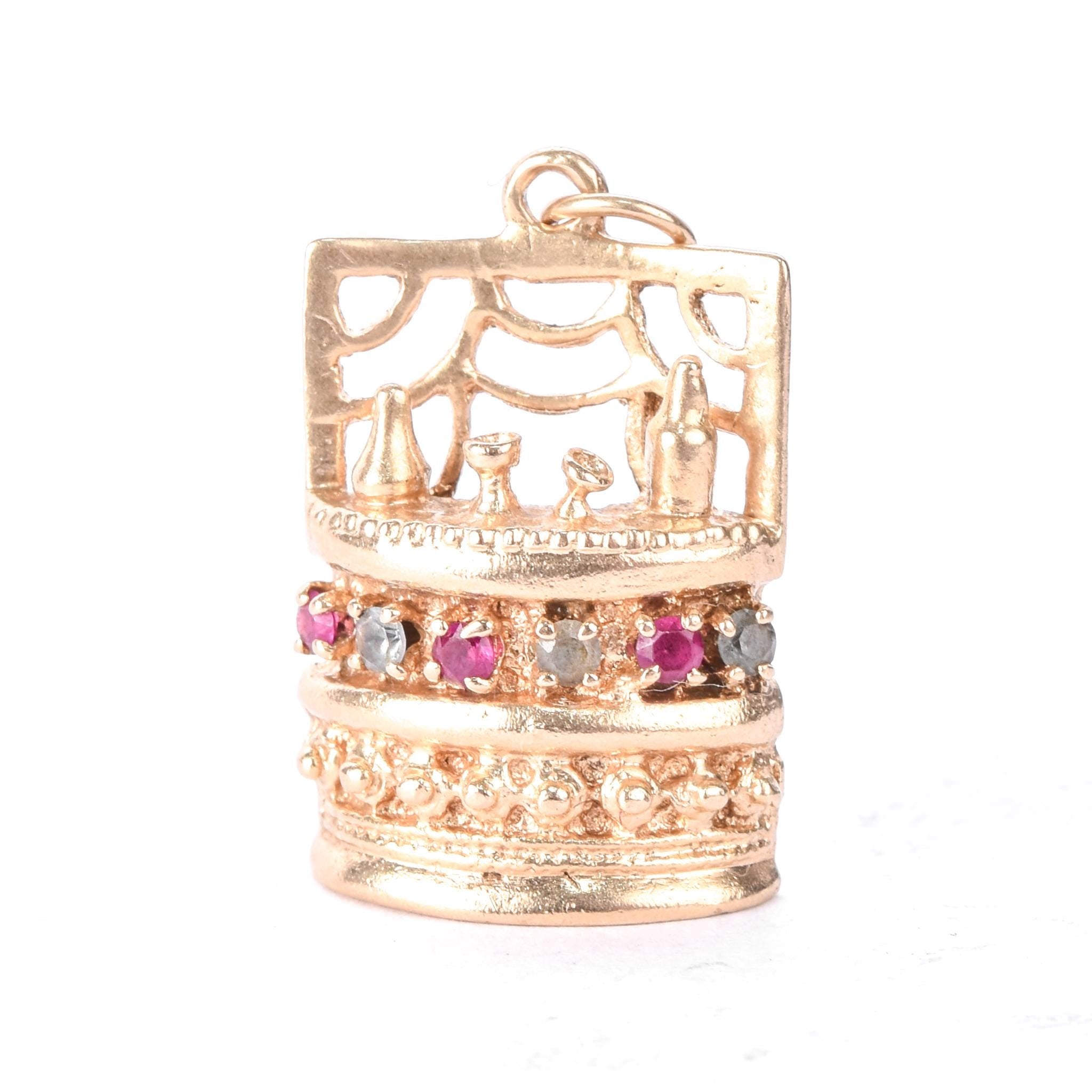 14K Gold Liquor Bar Pendant with Rubies & Aquamarine