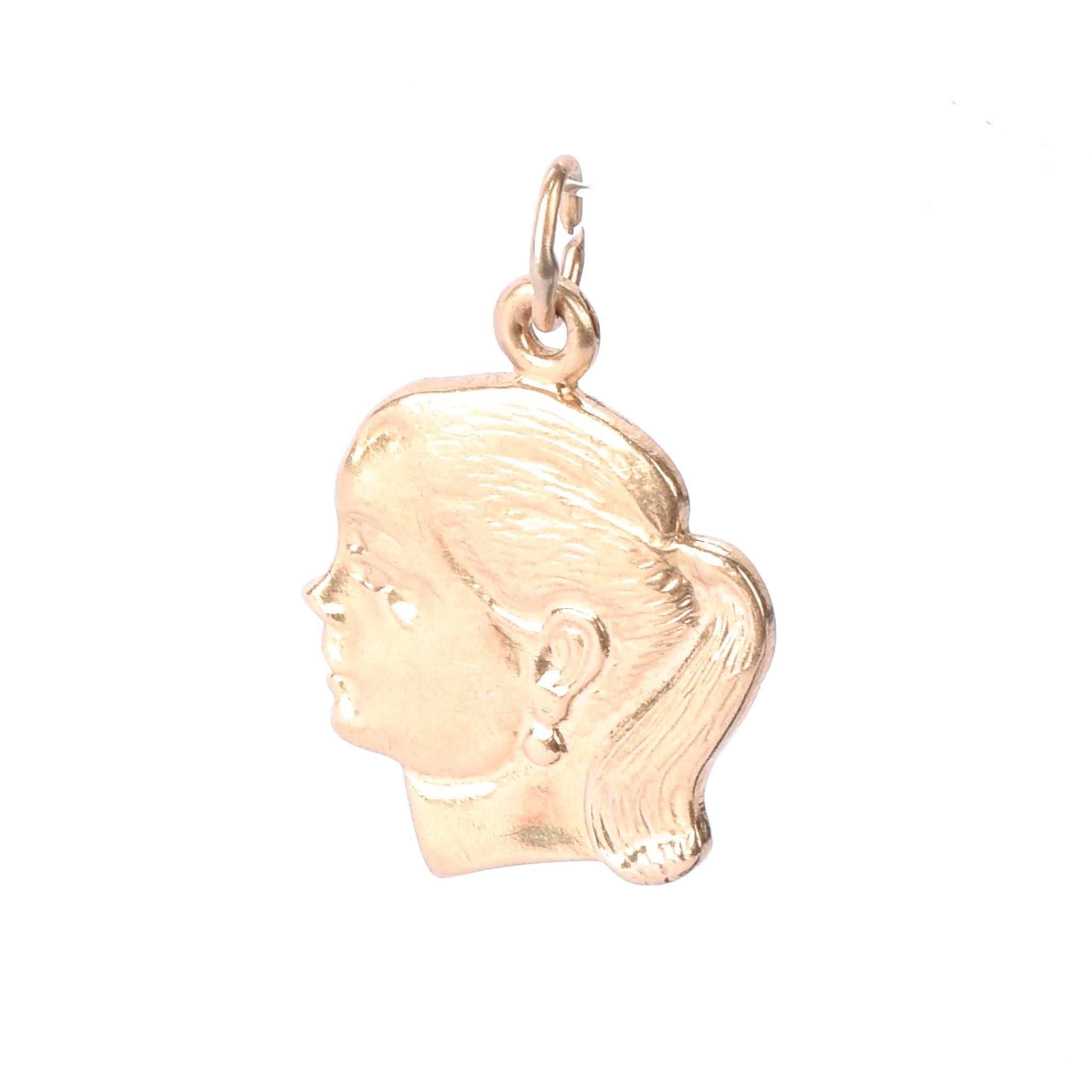 14K Gold Girl with Ponytail Profile Pendant