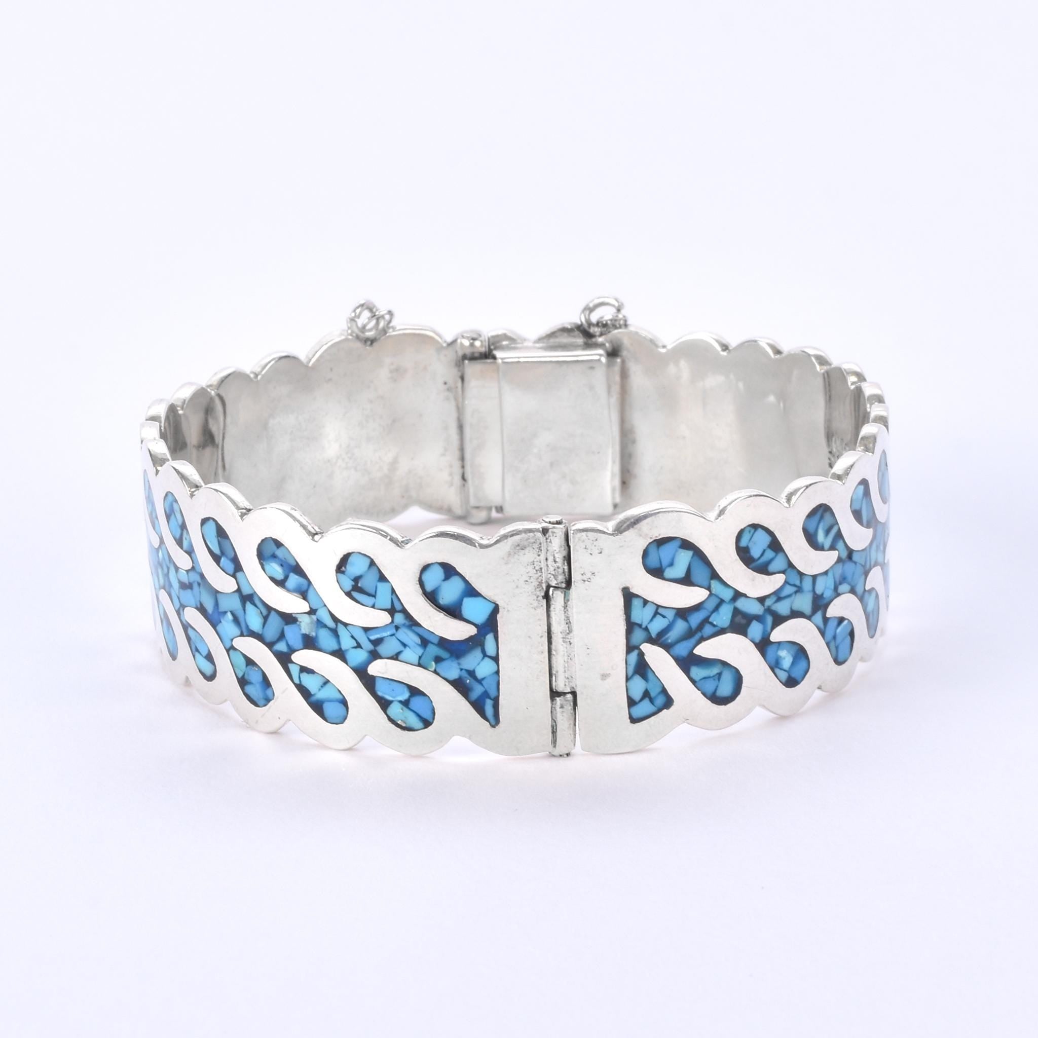 Taxco Sterling Silver And Turquoise Chip-Inlayed Wavy Hinged Bangle Bracelet
