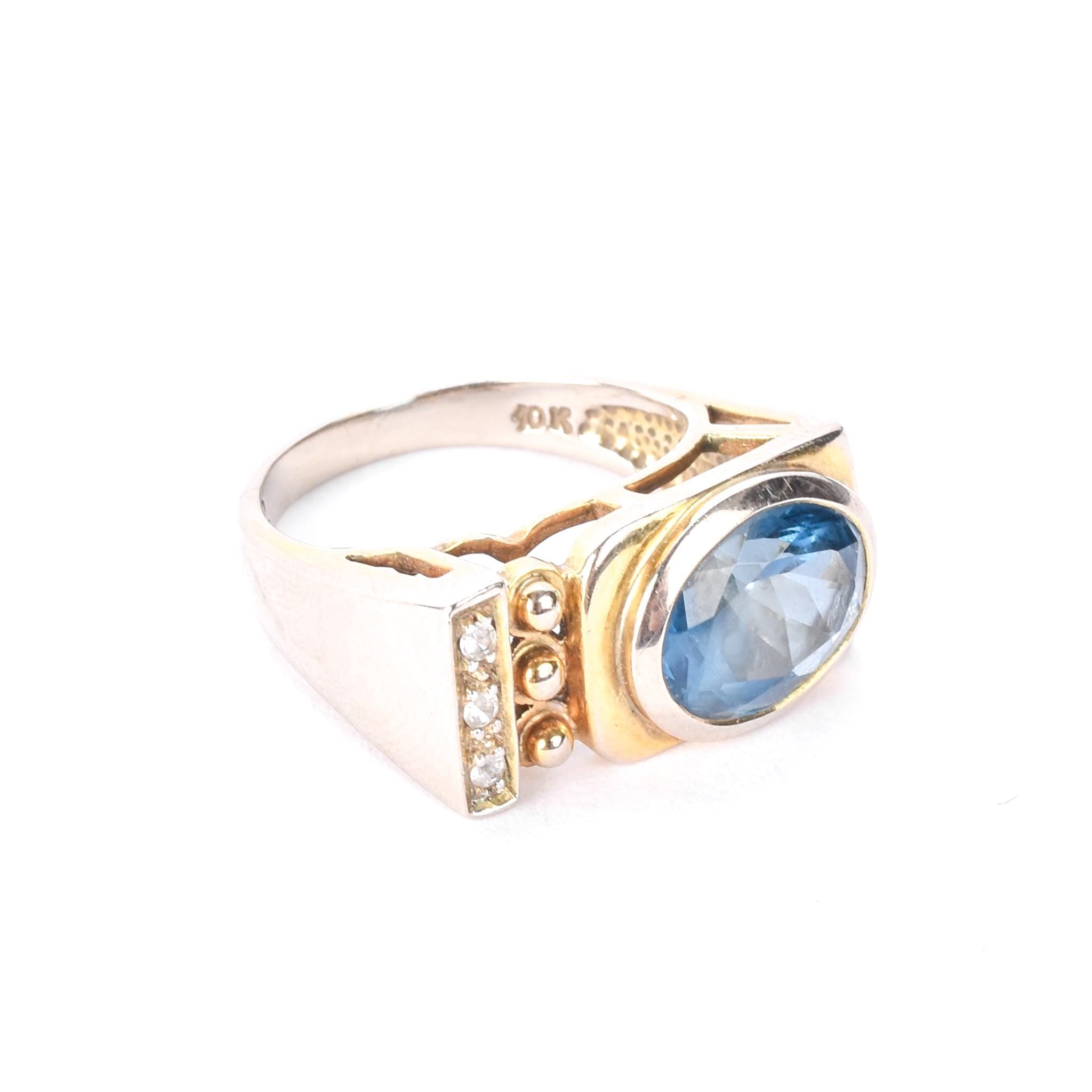 10K Gold Modernist Blue and Clear Topaz Ring