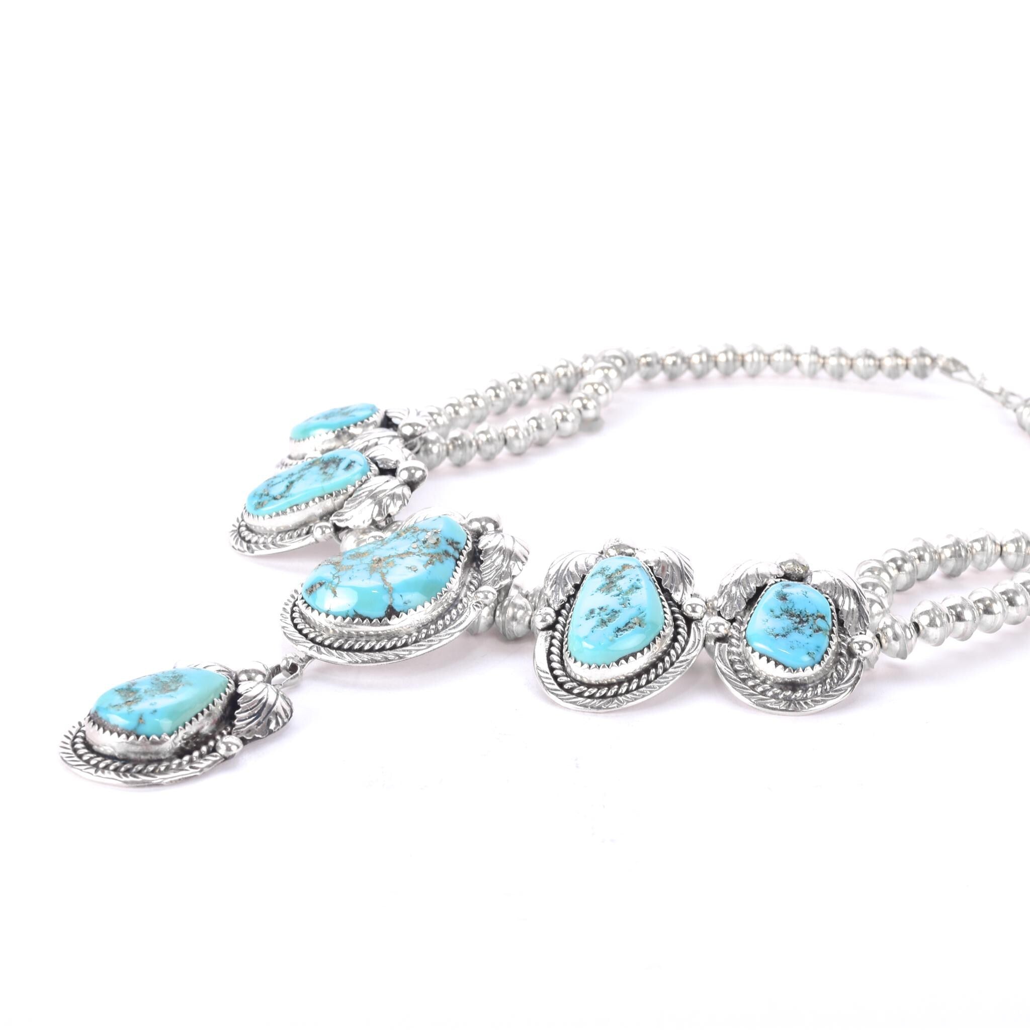 Navajo Sterling Silver and Turquoise Squash-Blossom Style Collar Necklace