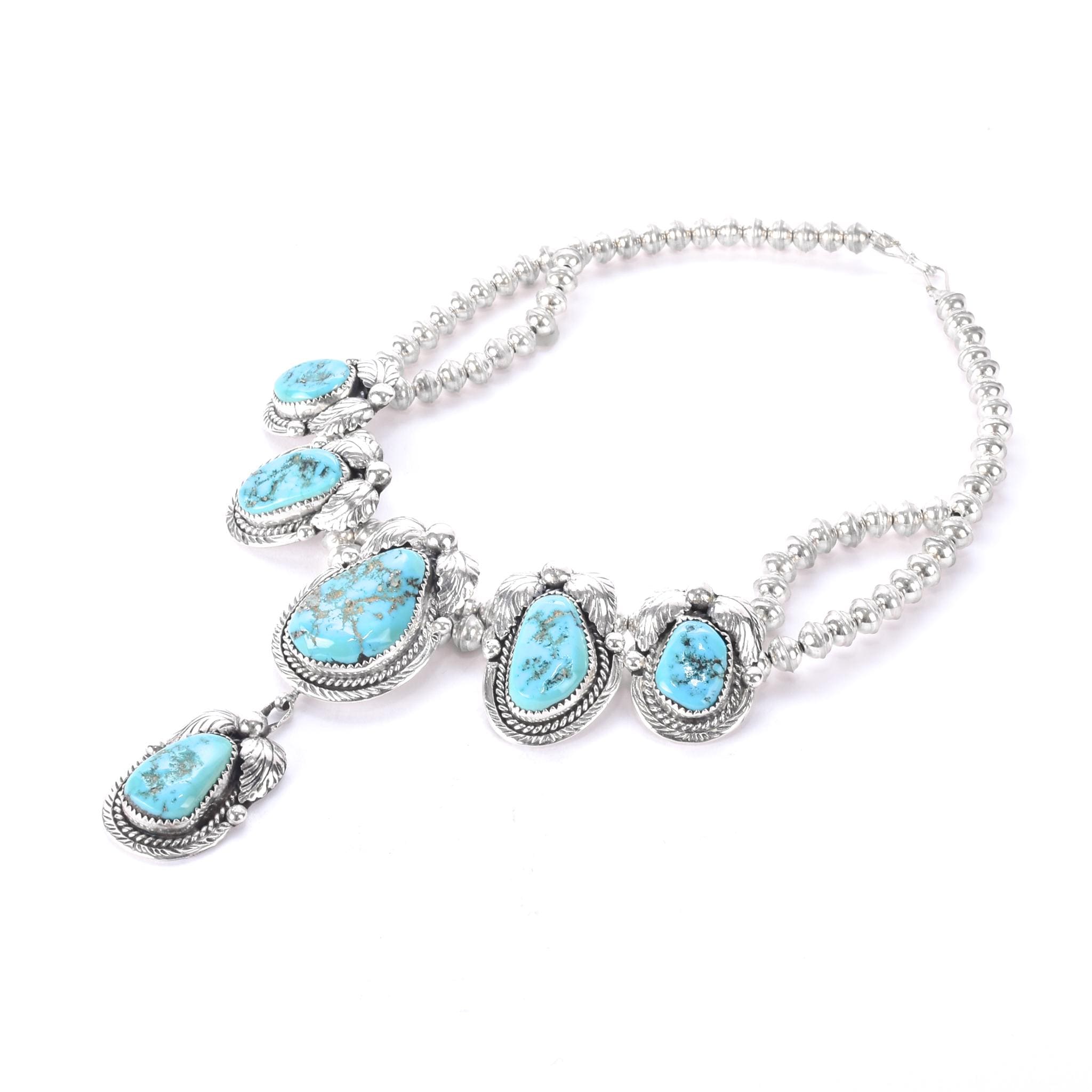 Navajo Sterling Silver and Turquoise Squash-Blossom Style Collar Necklace