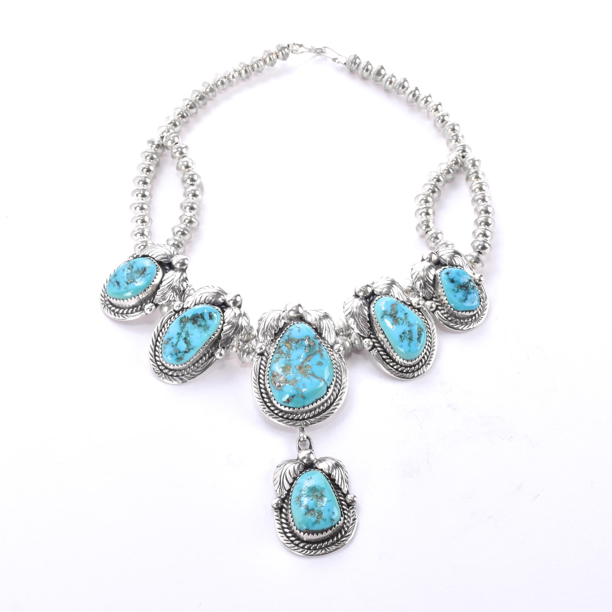 Navajo Sterling Silver and Turquoise Squash-Blossom Style Collar Necklace