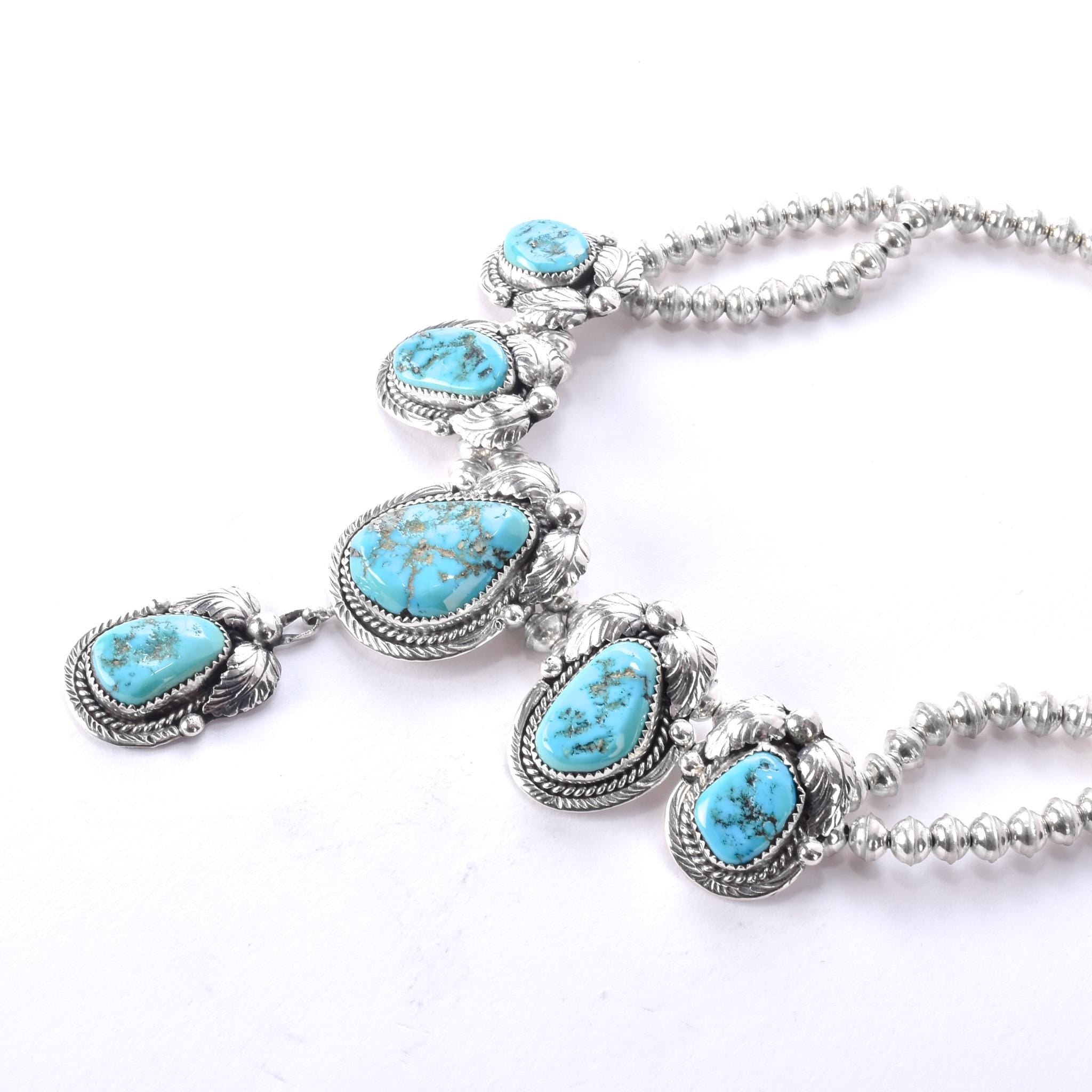 Navajo Sterling Silver and Turquoise Squash-Blossom Style Collar Necklace