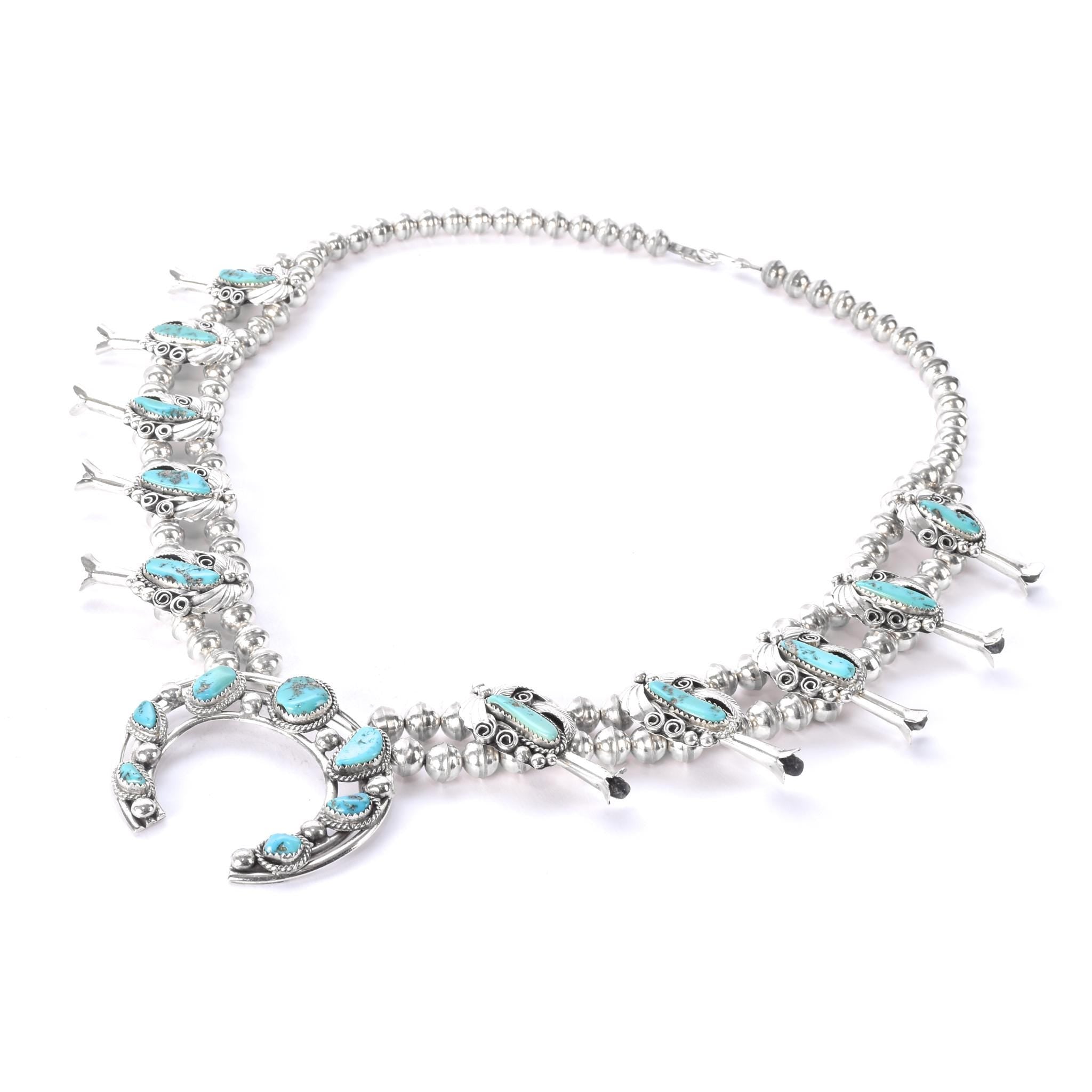 Hand-Signed Sterling Silver & Turquoise Horseshoe Squash Blossom
