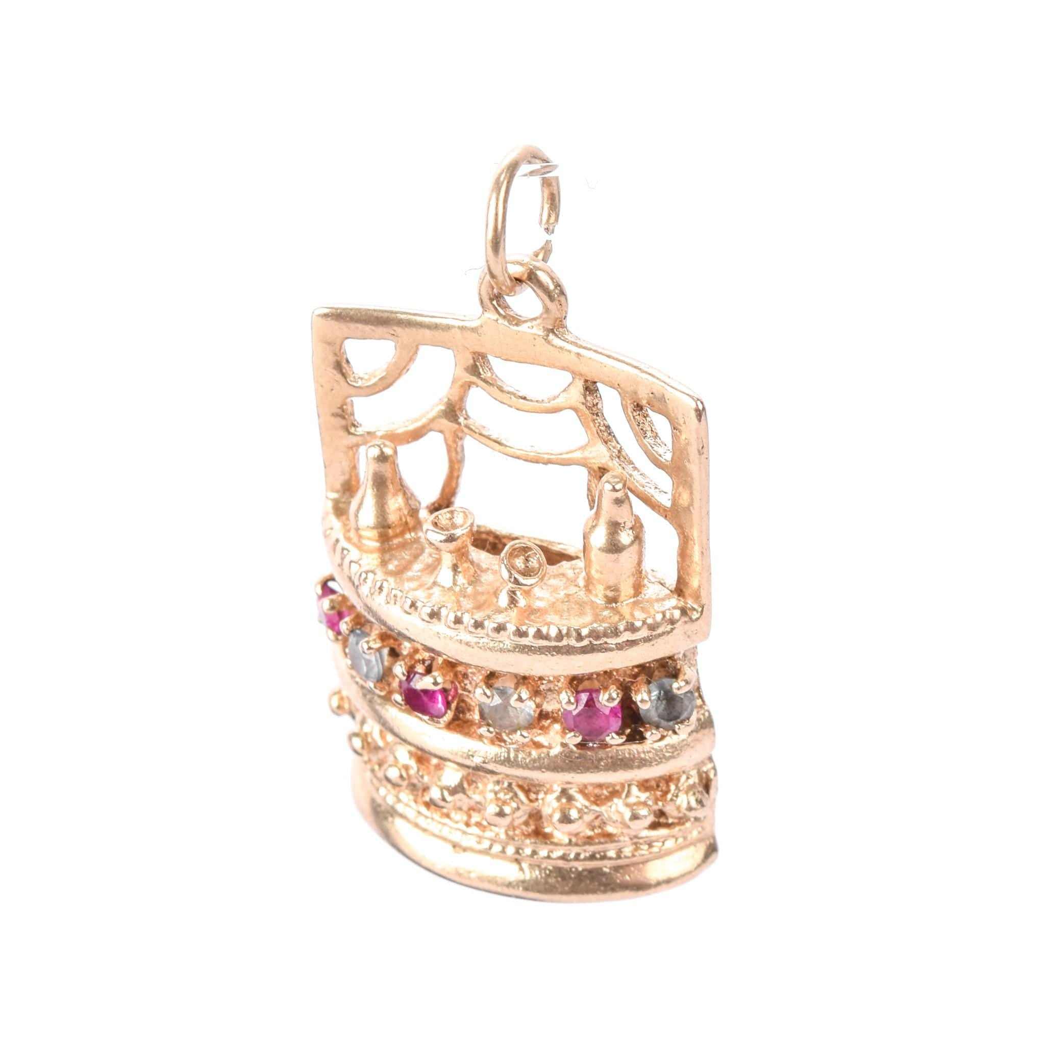 14K Gold Liquor Bar Pendant with Rubies & Aquamarine