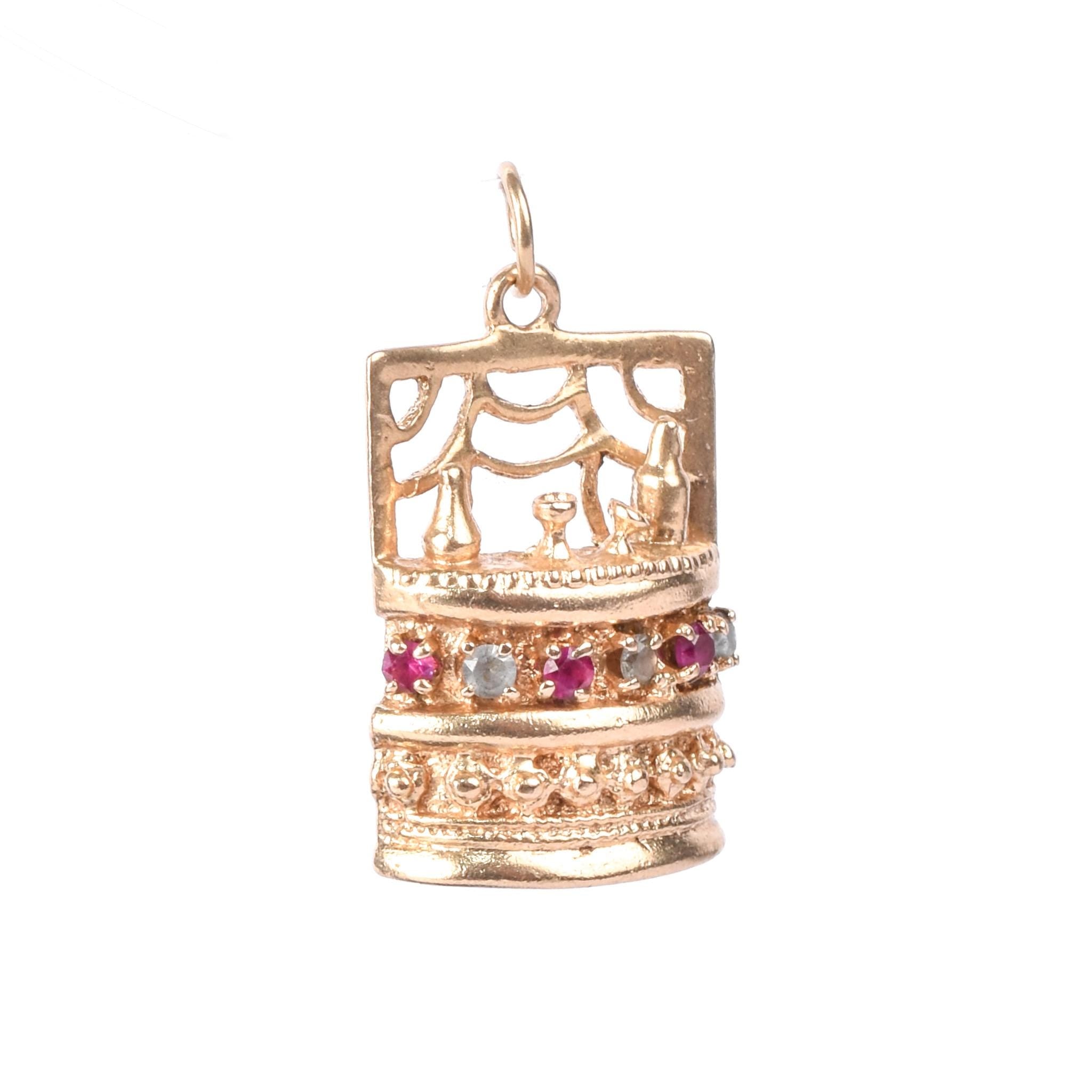 14K Gold Liquor Bar Pendant with Rubies & Aquamarine