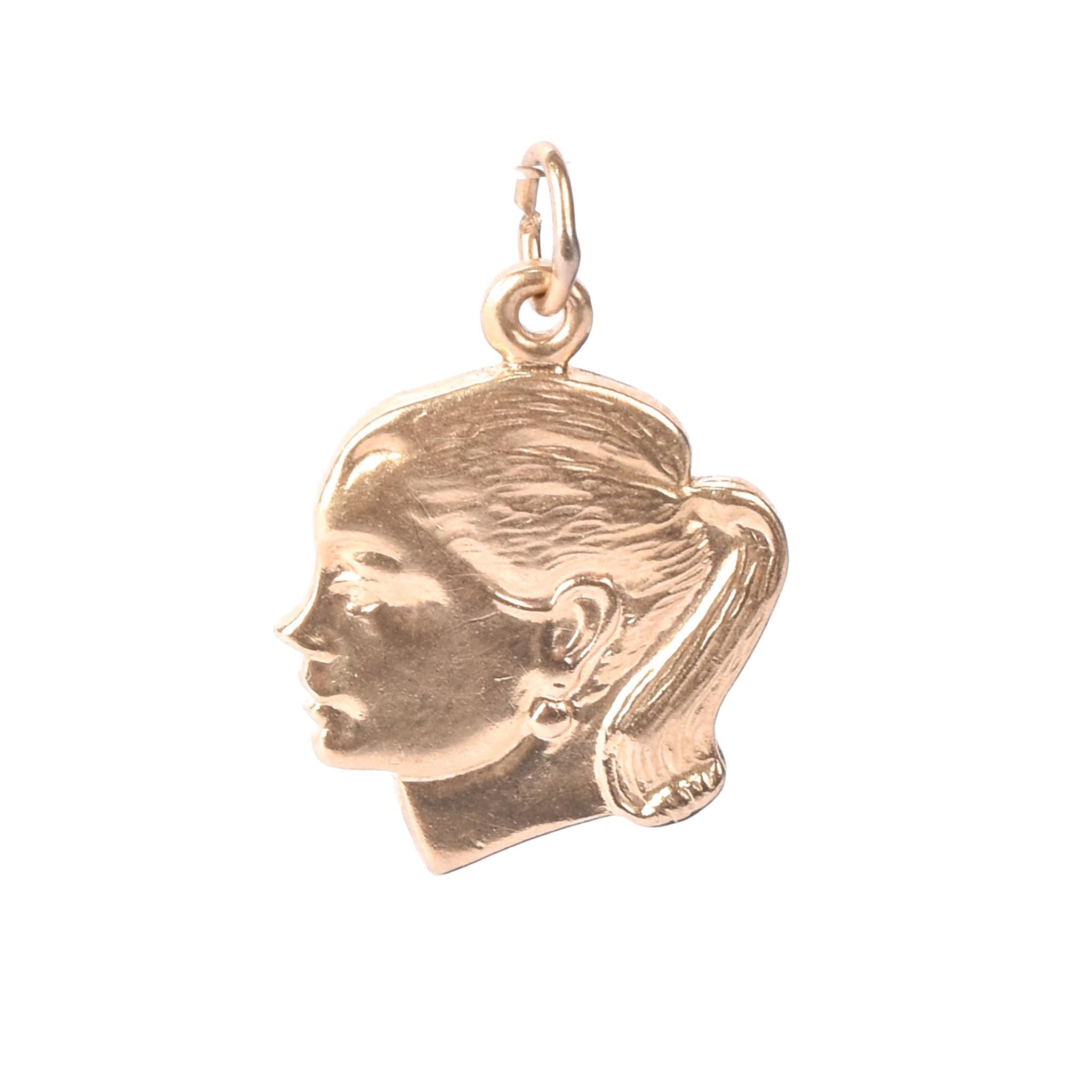 14K Gold Girl with Ponytail Profile Pendant