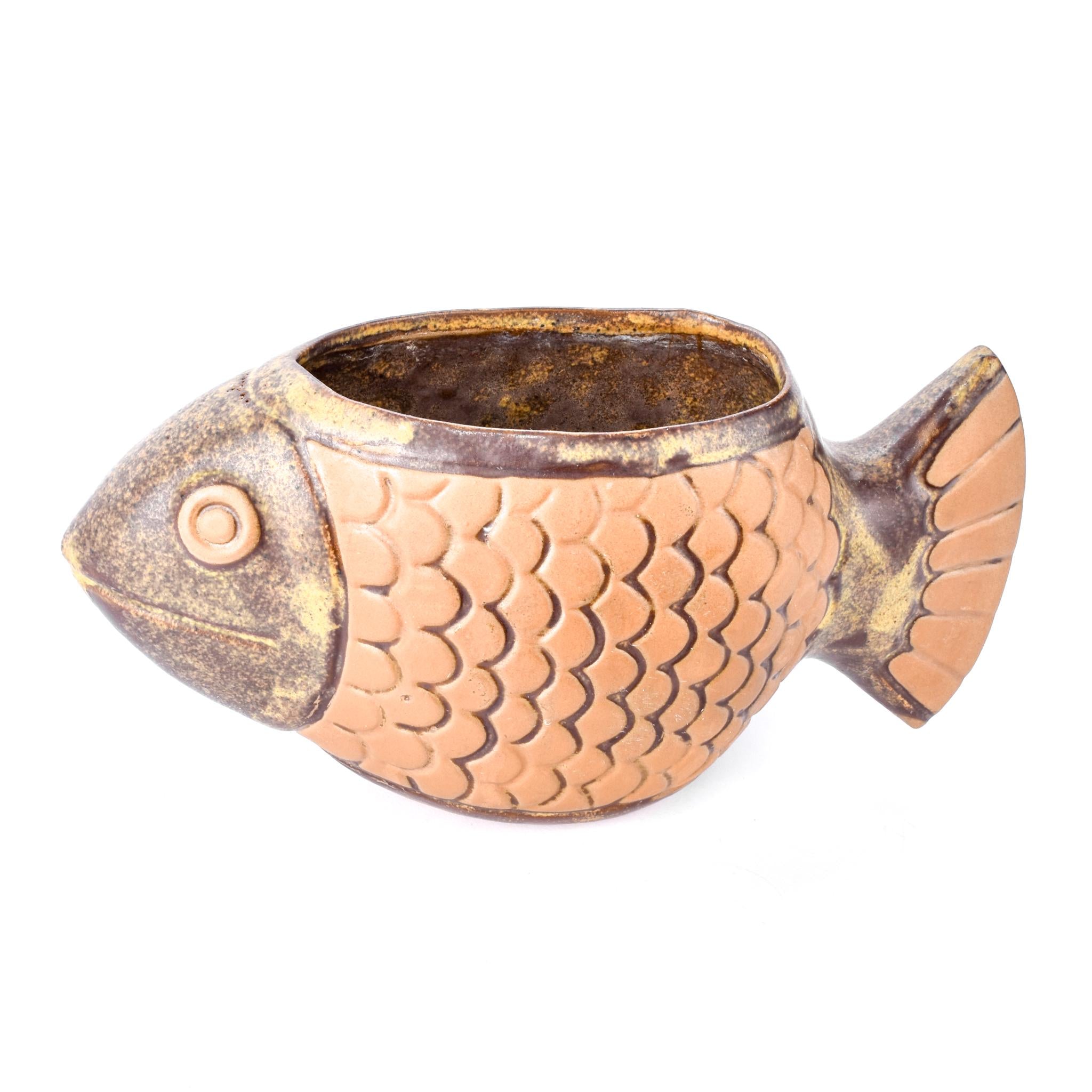 1970s David Stewart Lions Valley Fish Ceramic Planter Pot