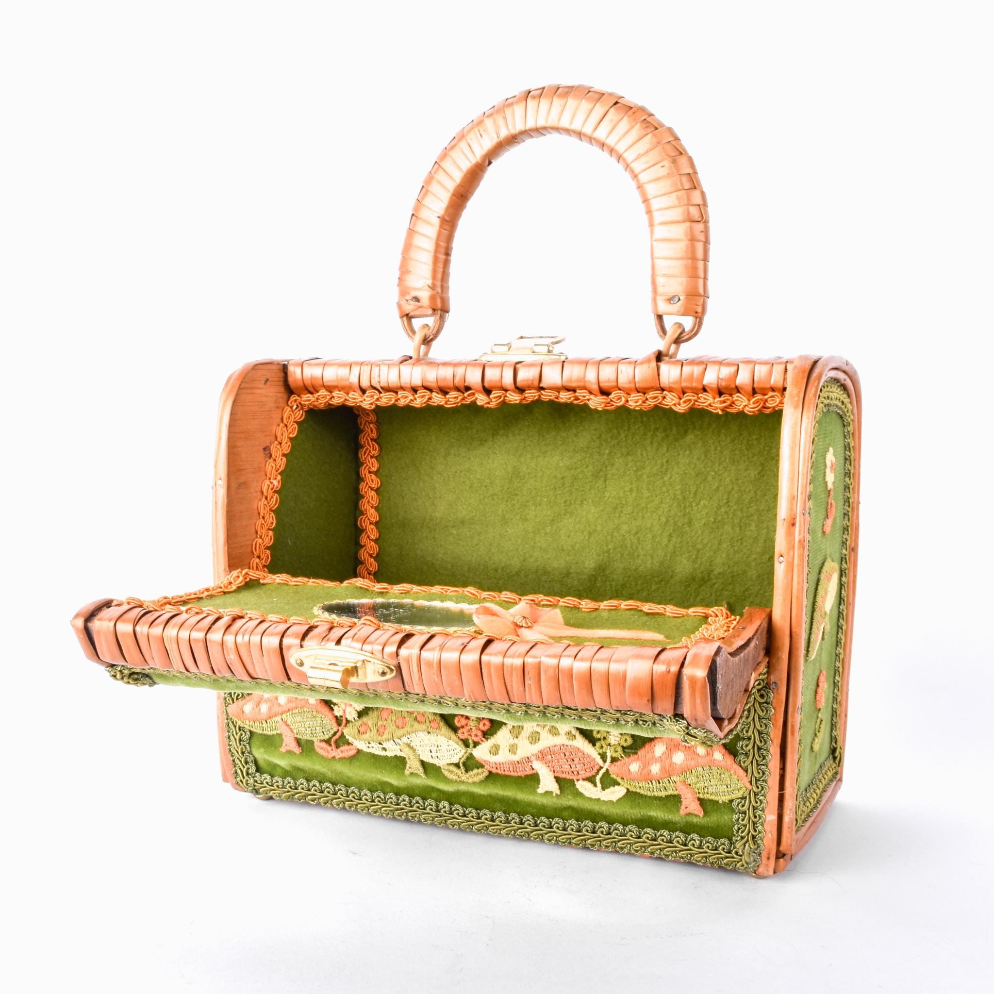 1970s Embroidered Mushroom Wicker Box Purse