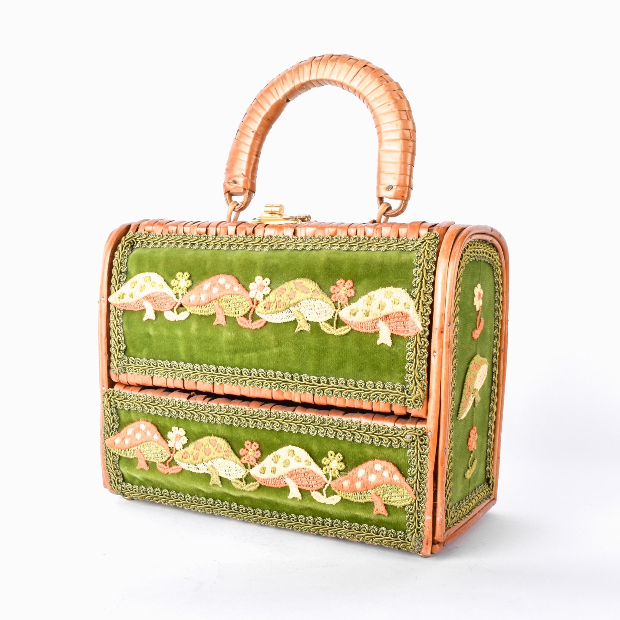 1970s Embroidered Mushroom Wicker Box Purse