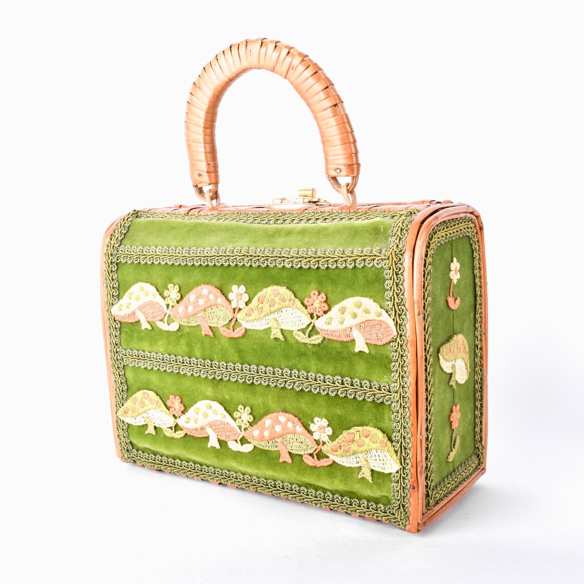 1970s Embroidered Mushroom Wicker Box Purse
