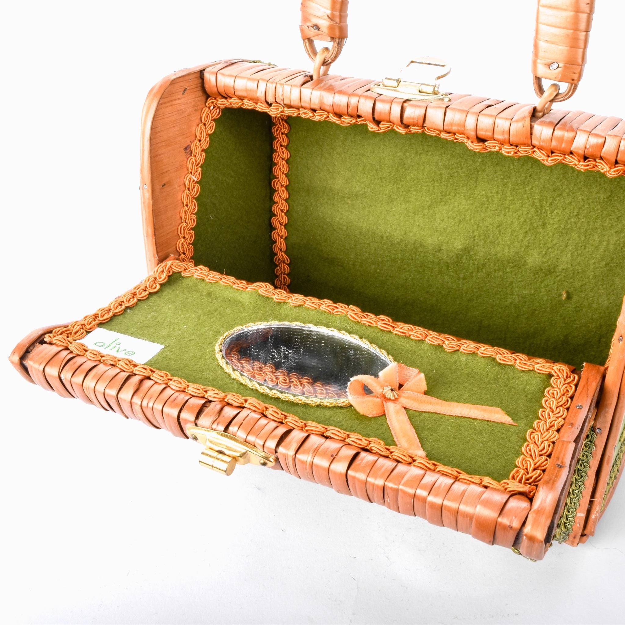 1970s Embroidered Mushroom Wicker Box Purse