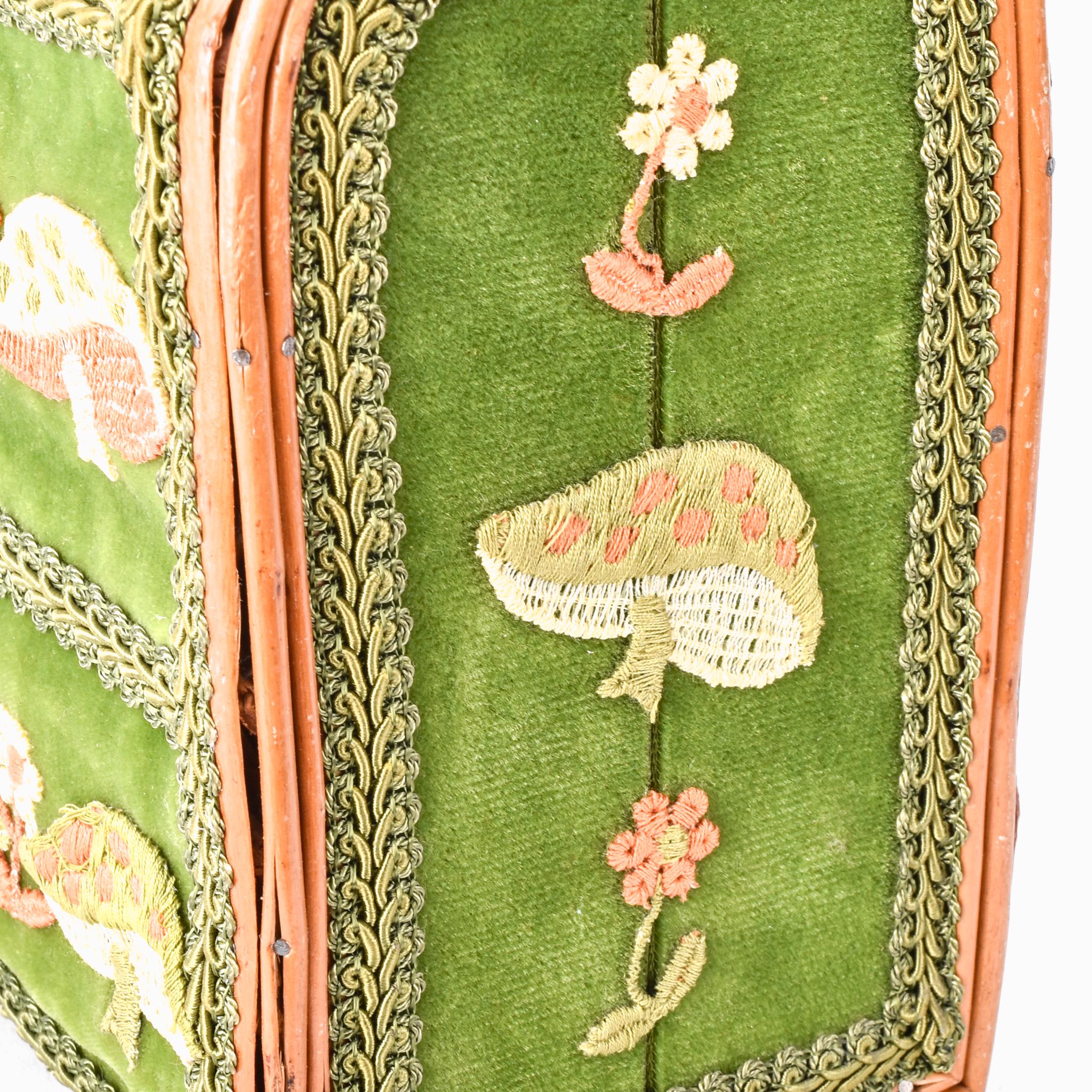 1970s Embroidered Mushroom Wicker Box Purse