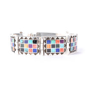 Signed Navajo Sterling Silver Multi-Stone Inlay Checkerboard Link Bracelet